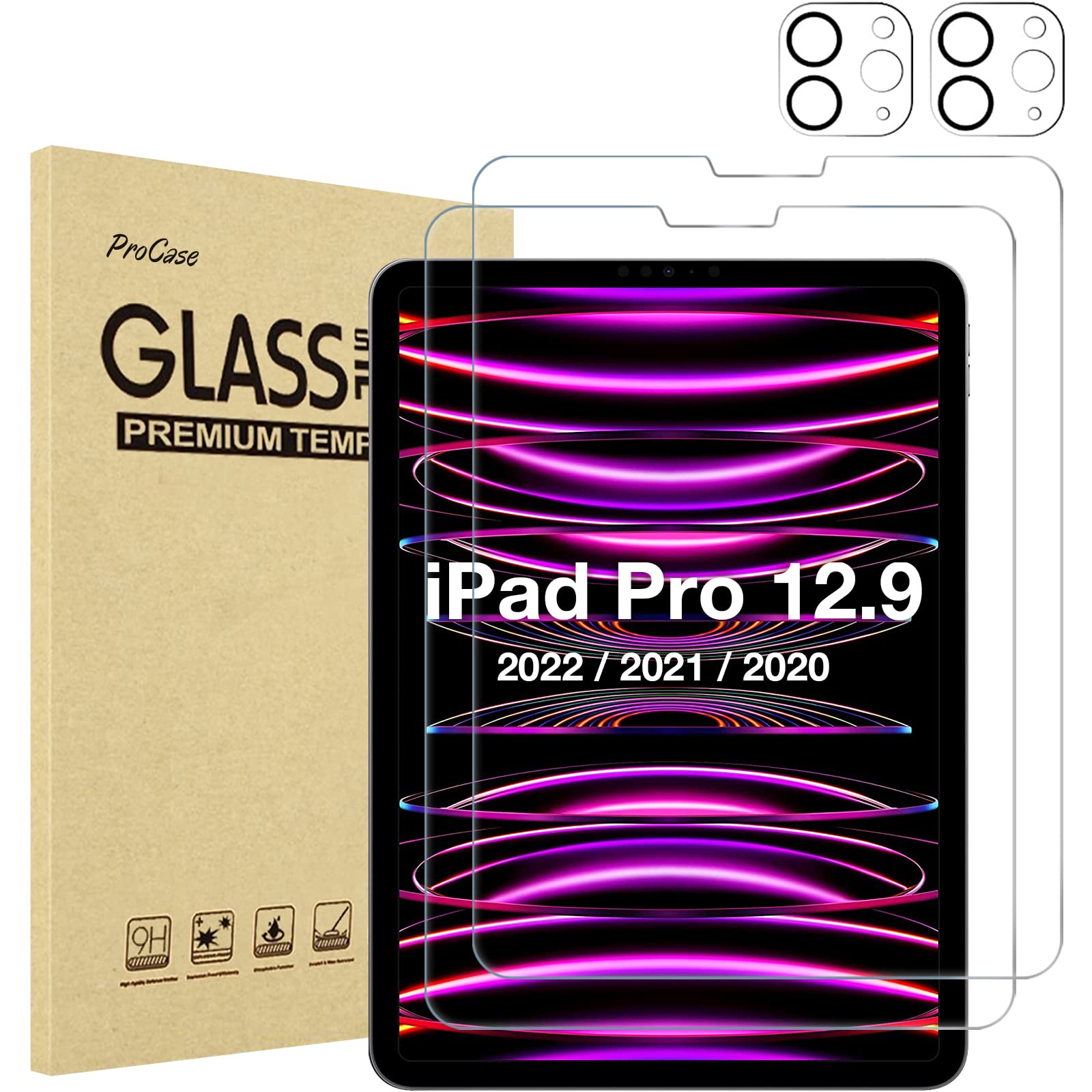 ProCase 2+2 Pack Tempered Glass Screen Protector for iPad Pro 12.9 inch (6th/5th/4th Gen 2022/2021/2020) with Camera Lens Protector - Ultra HD Clear Anti-Scratch Protection - Perfect for Work, Study & Entertainment