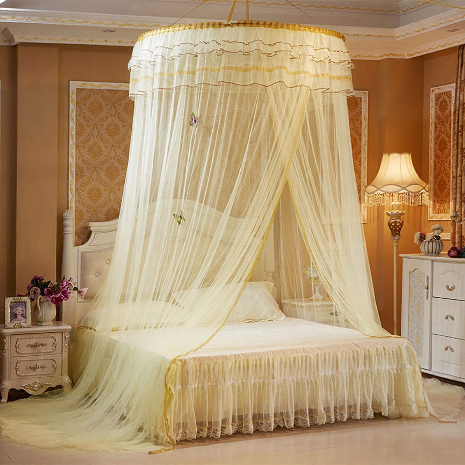 Breathable Round Lace Princess Bed Canopy for Kids & Baby - 360° Foldable Bed Tent with Netting, Home Decoration for Nursery & Bedroom (Beige) | Perfect for Birthday Gifts, Room Makeovers & Princess-Themed Decor