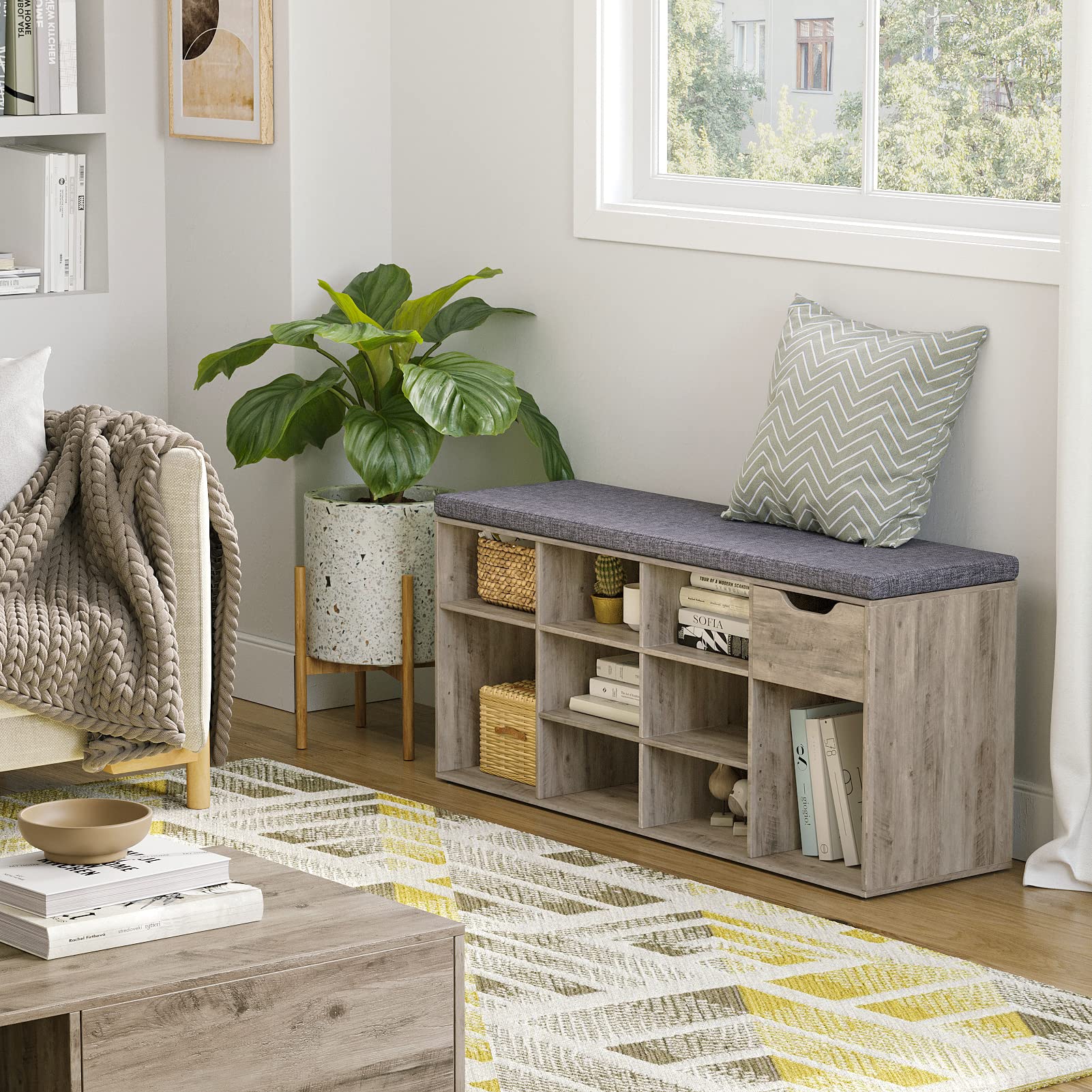 DINZI LVJ Shoe Bench with Drawer & 11 Cubbies - Adjustable Shelf Entryway Storage Bench | Shoe Organizer Cabinet for Living Room, Bedroom, Mudroom, Closet & Garage | Perfect for Small Space Organization & Entryway Decor (Greige)