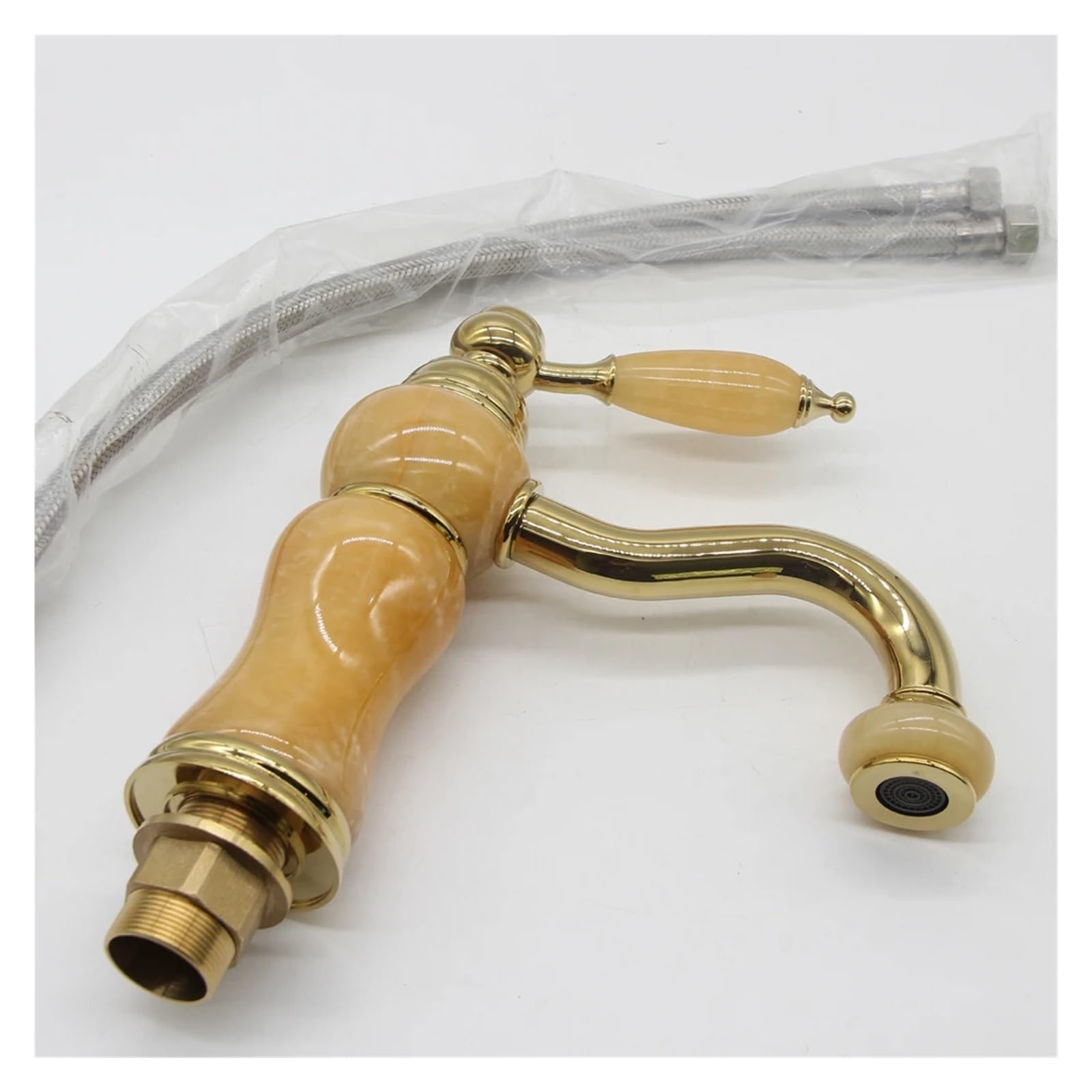 Royal Marble Bathroom Faucet - Hot and Cold Water Gold Lavatory Sink Tap with Full Copper Construction & Jade Accents - Elegant Marble Stone Basin Faucet for Modern Luxury Bathrooms (Model: CWXKGL) - Perfect for Spa-Like Vanities, Hotel Renovations, and Upscale Home Decor