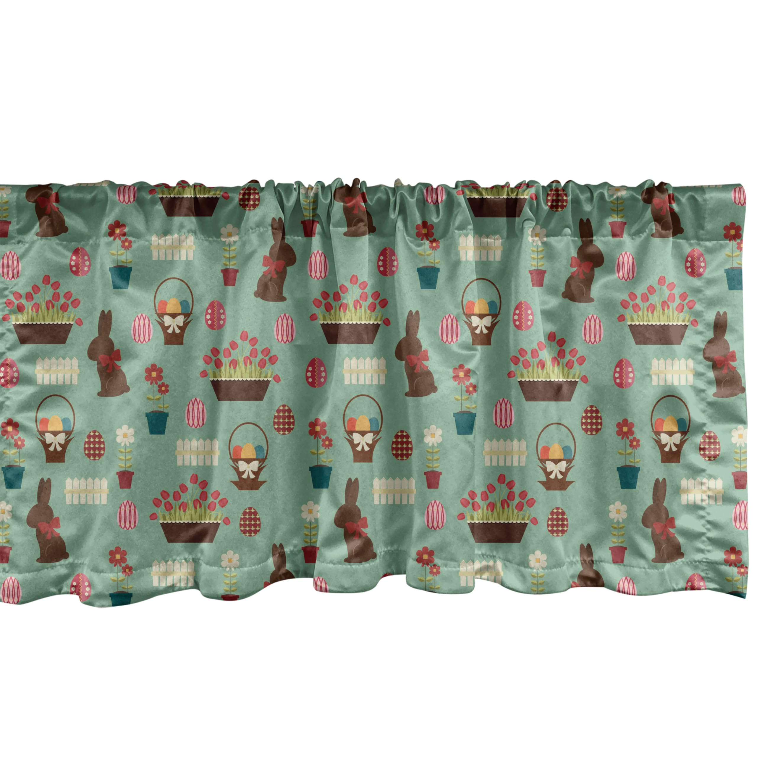 Ambesonne Easter Window Valance Set of 2 - Chocolate Bunny Floral Pattern with Eggs & Tulips - 54