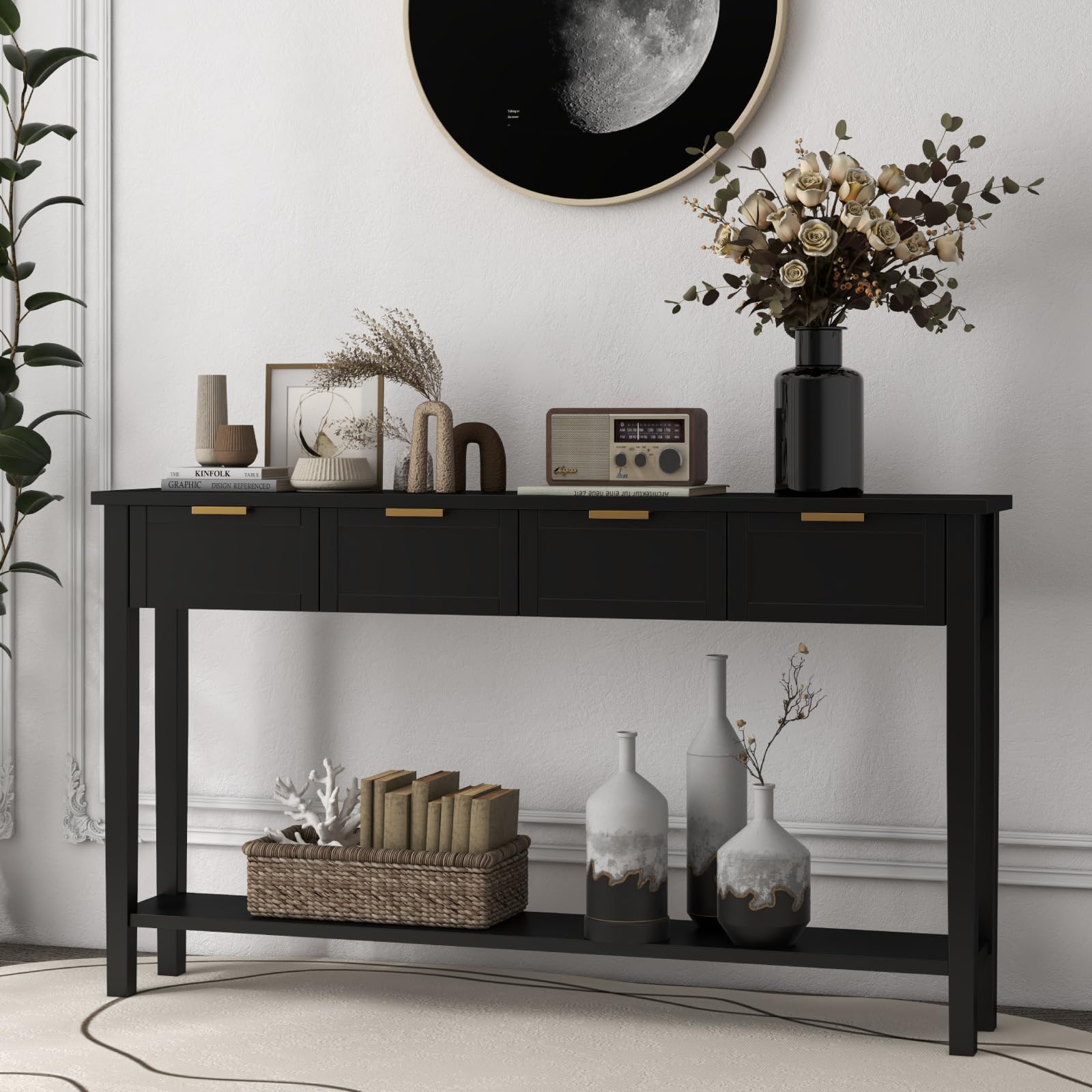 Modern Black Console Table with 4 Drawers & Shelf - 60