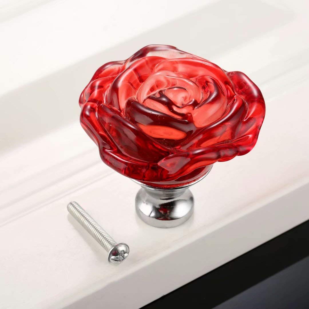 10 Pack 50mm Red Crystal Rose Glass Cabinet Knobs - Clear Drawer Pulls for Kitchen, Dresser, Closet & Furniture Hardware - Perfect for Home Decor & DIY Upgrades