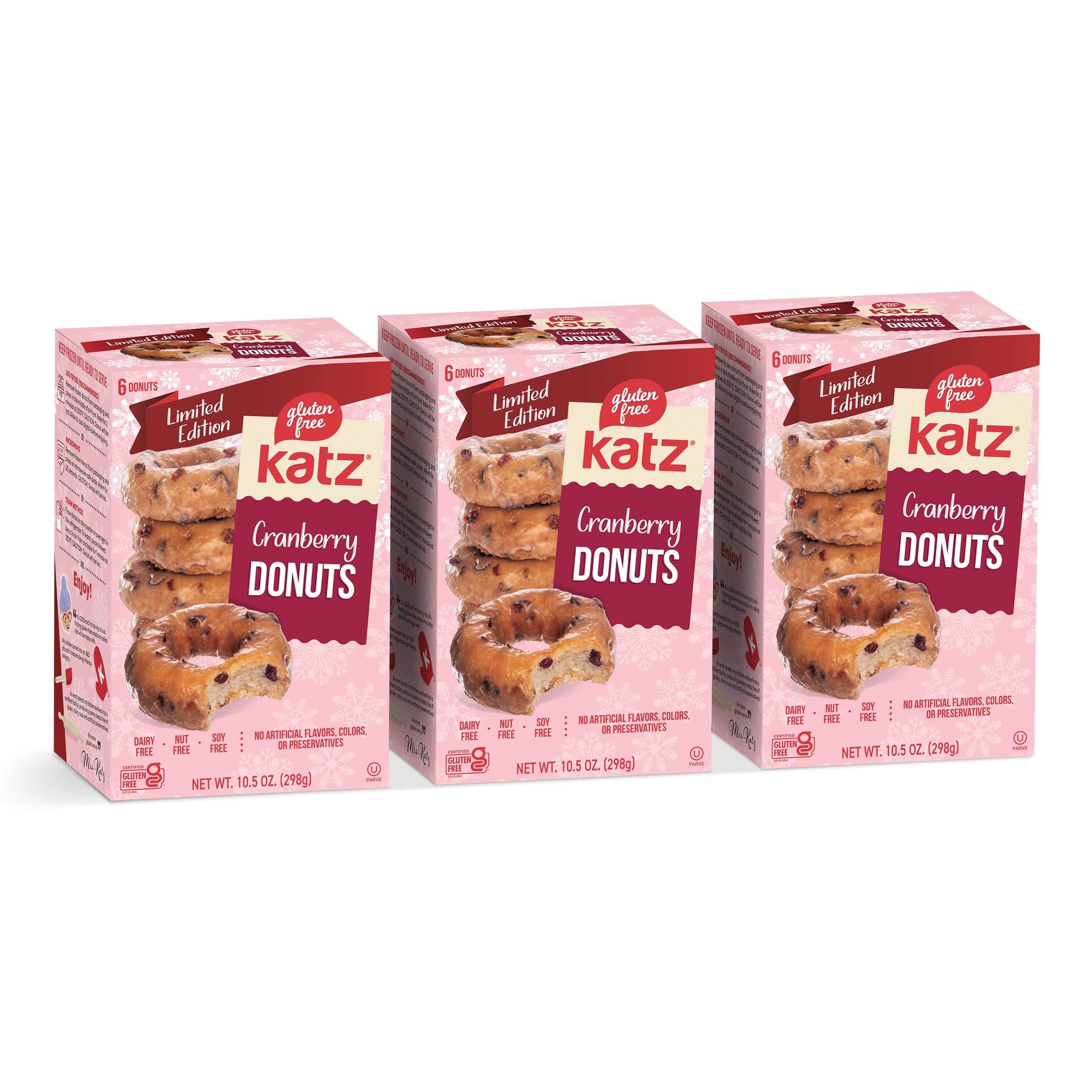 Katz Gluten Free Cranberry Donuts - Dairy Free, Nut Free, Soy Free, Vegan & Kosher Certified (3 Packs of 6 Donuts, 10.5oz Each) - Perfect for Breakfast, Snacks & Special Diets
