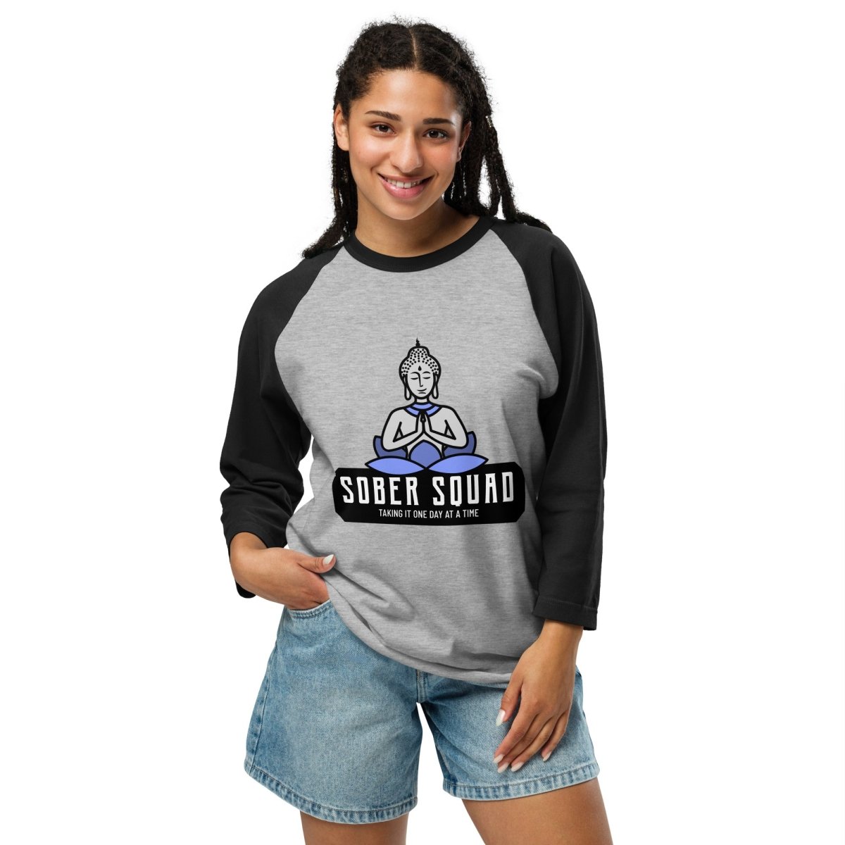 Sober Squad 3/4 Sleeve Raglan T-Shirt with Meditative Buddha Print - Yoga, Meditation & Mindfulness Apparel for Men & Women