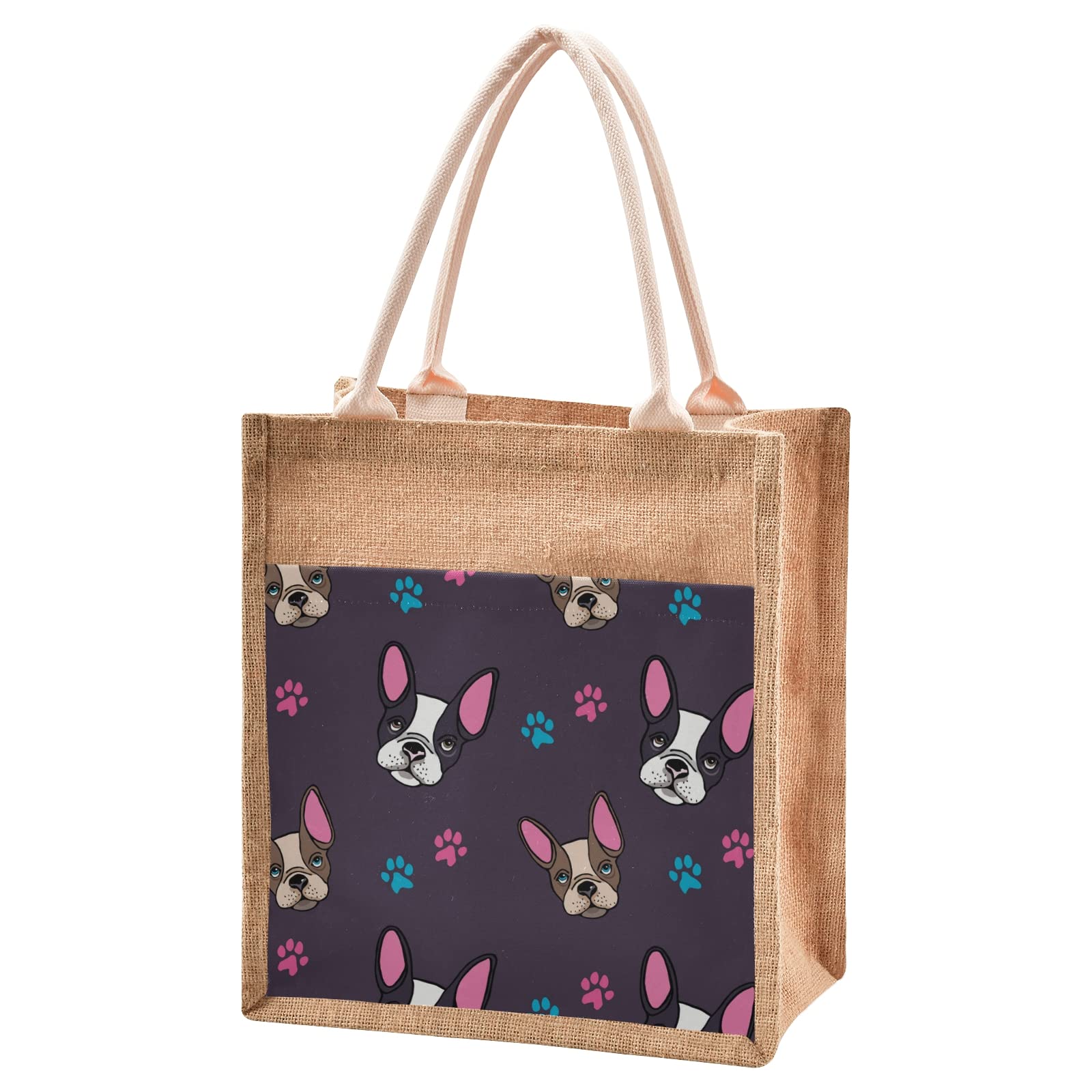 Stylish French Bulldog Puppies Jute Tote Bag for Women - Eco-Friendly Burlap Gift Bag with Sturdy Handle - Perfect for Shopping, Beach Trips & Casual Outings