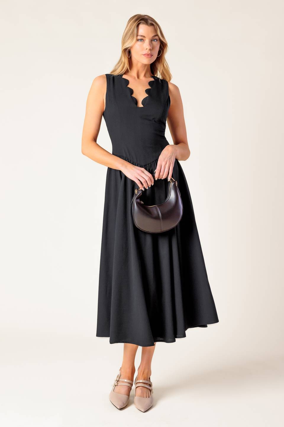 FOR THE RECORD SCALLOP V-NECK MIDI DRESS in Black - Elegant Party & Cocktail Attire for Women