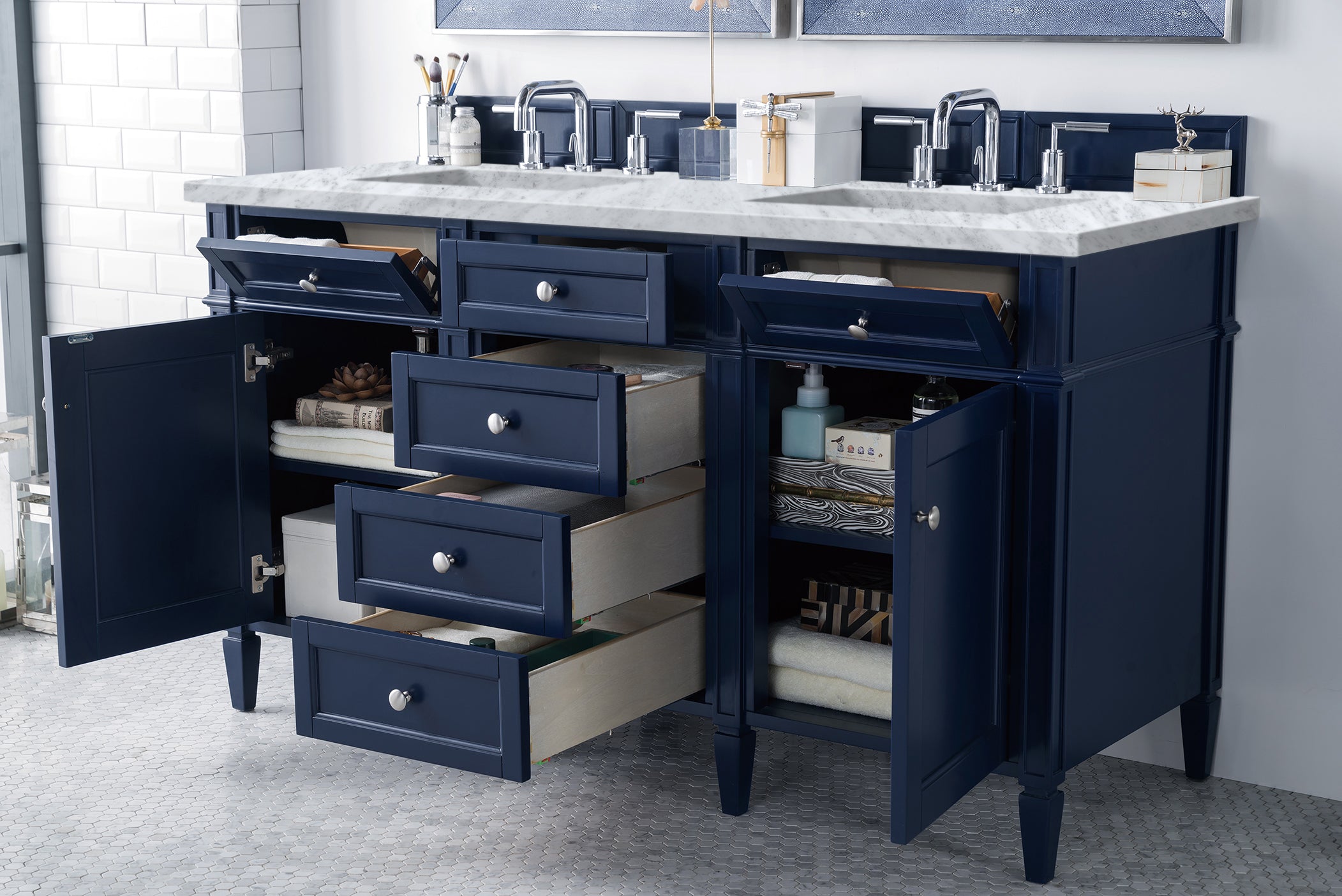 Brittany 60-Inch Victory Blue Double Vanity with 3CM Carrara Marble Top - Luxury Bathroom Vanity Set for Master Bath & Guest Bathroom