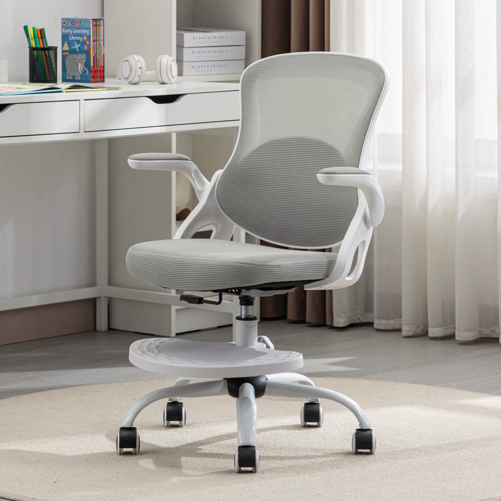 Ergonomic Adjustable Height Kids Study Chair - Swivel Mesh Desk Chair with Wheels for Children's Bedroom & Home Office - Comfortable Grey Learning Chair for Homework & Online Classes