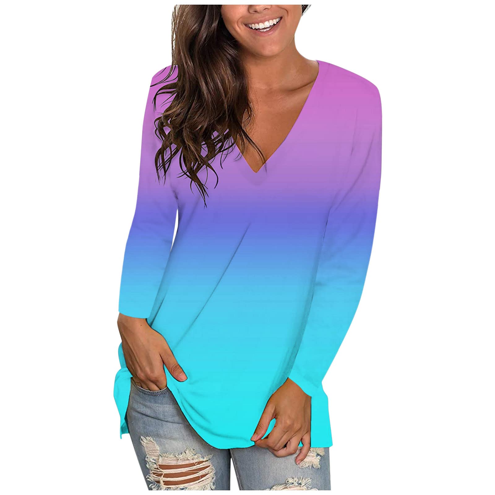 Siilsaa Women's Long Sleeve V-Neck Blouse - Gradient Print Fashion Shirt Plus Size Tops for Work, Casual & Party Wear