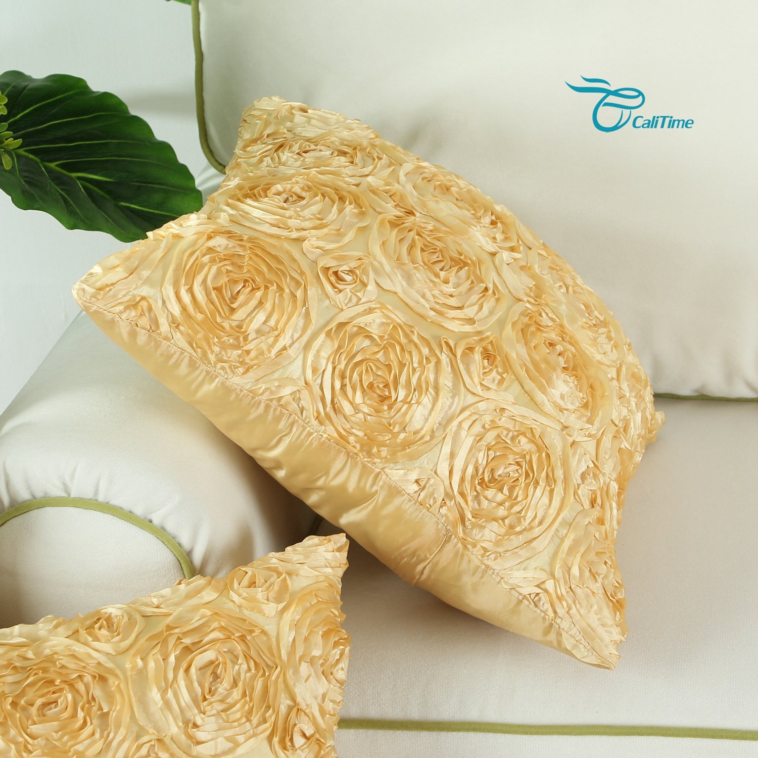 Premium Pack of 2 Floral Cushion Covers - 18x18 Inch Soft Gold Throw Pillow Cases with 3D Rose Design for Sofa, Couch & Home Decor | Perfect for Living Room, Bedroom & Cozy Spaces