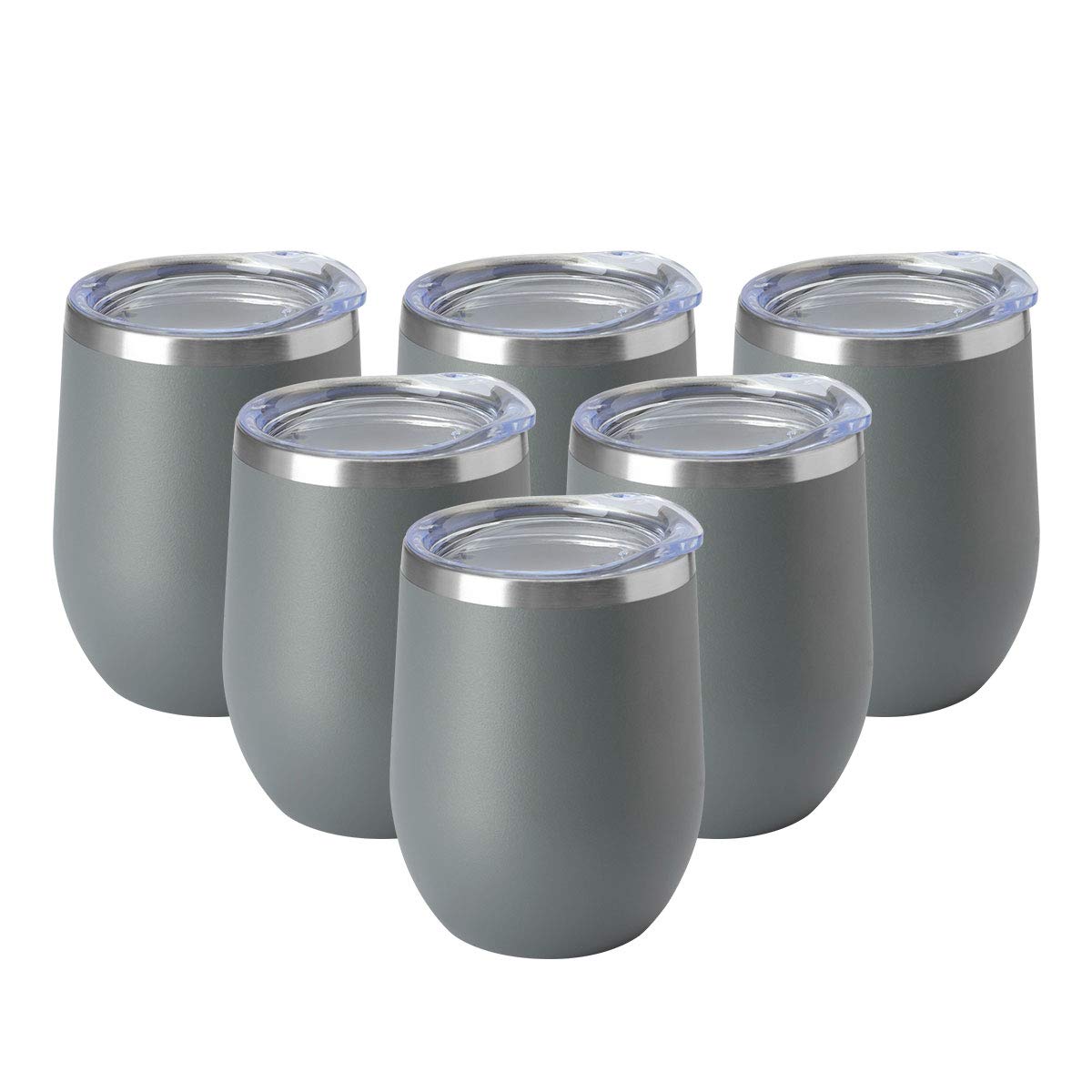HASLE OUTFITTERS 12oz Stainless Steel Wine Tumbler with Lid - Double Wall Vacuum Insulated Stemless Wine Glass for Hot & Cold Drinks - Travel Mug for Coffee, Cocktails, Beer - Set of 6 (Grey) - Perfect for Camping, Picnics, Office & Outdoor Adventures