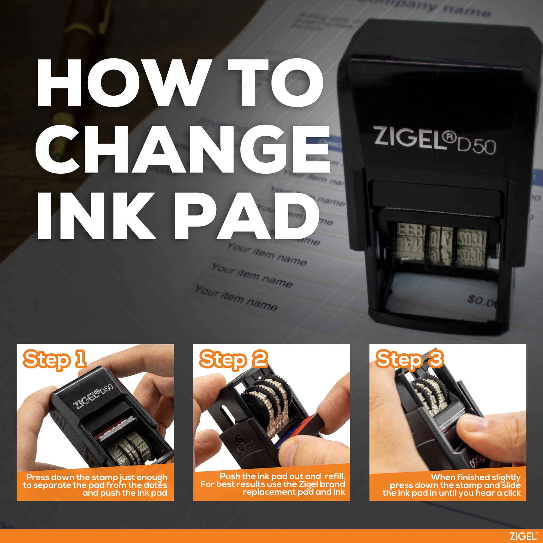 ZIGEL D50 Self-Inking Date Stamp with Adjustable Date - Black Ink - Perfect for Office, Legal Documents, and Daily Use