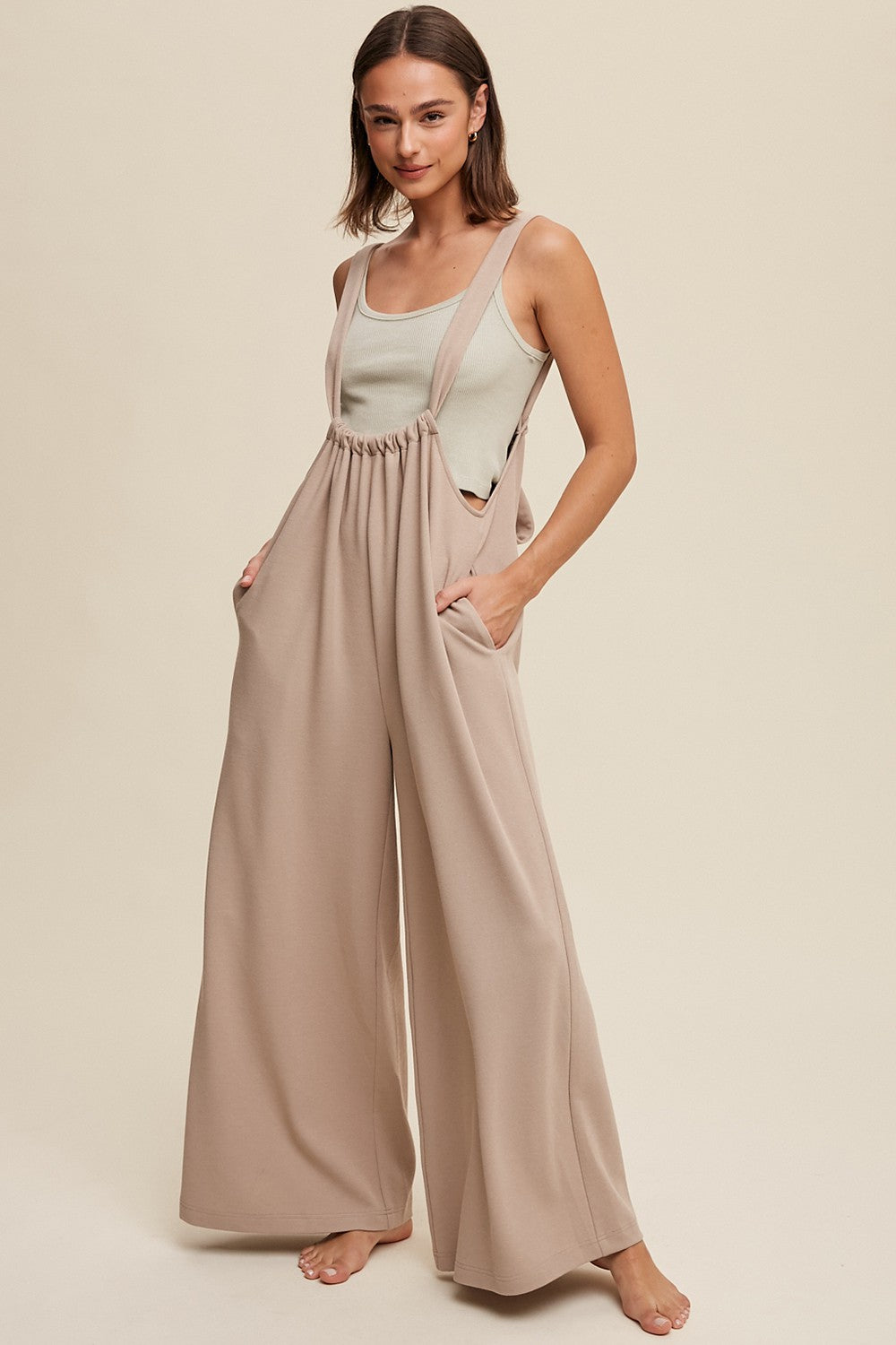 Beige Ribbed Drawstring Wide Leg Maternity Jumpsuit for Pregnant Women - Comfortable Stretchy Pregnancy Romper for Casual Wear, Nursing, and Maternity Photos