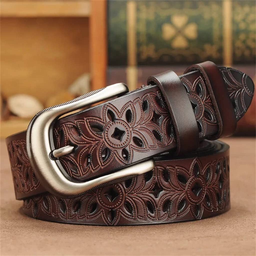 Vintage Pin Buckle Strap Jeans Belt for Women - Floral Embroidered Waist Belt - Adjustable 115CM (Brown) - Perfect for High Waist Jeans, Dresses & Boho Outfits