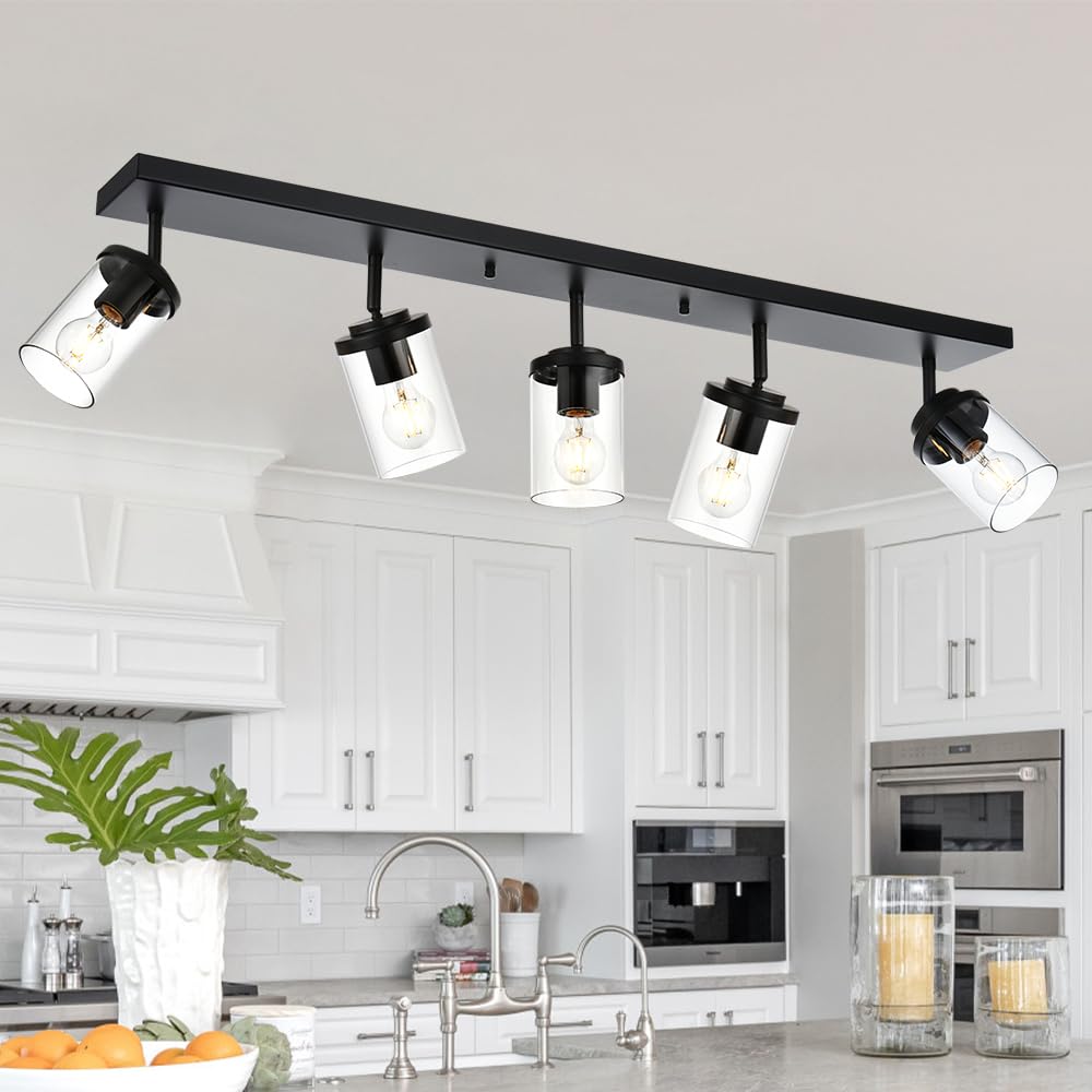 BONLICHT 5-Light Black Track Lighting Kit - Modern Semi Flush Mount Ceiling Spot Lights Fixture with Clear Glass Shade - Industrial Vanity Light for Bathroom, Kitchen, Living Room & Bedroom - Perfect for Home, Office and Commercial Spaces
