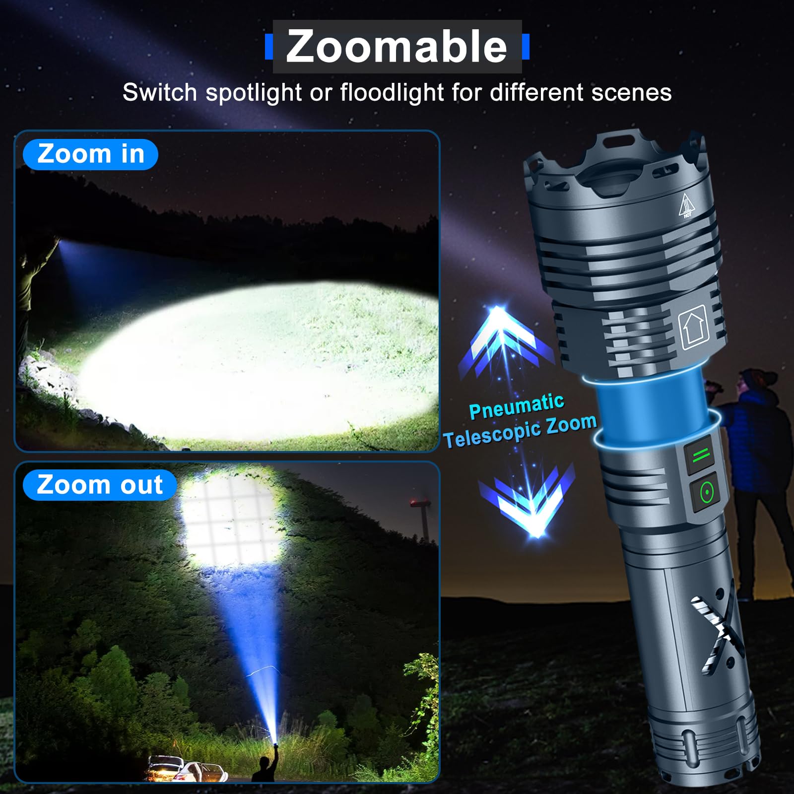 2500000 Lumens Rechargeable LED Tactical Flashlight - Super Bright Waterproof Handheld Flashlight with 6 Modes & Zoomable Focus - Perfect for Camping, Hiking, Home Emergencies & Outdoor Adventures