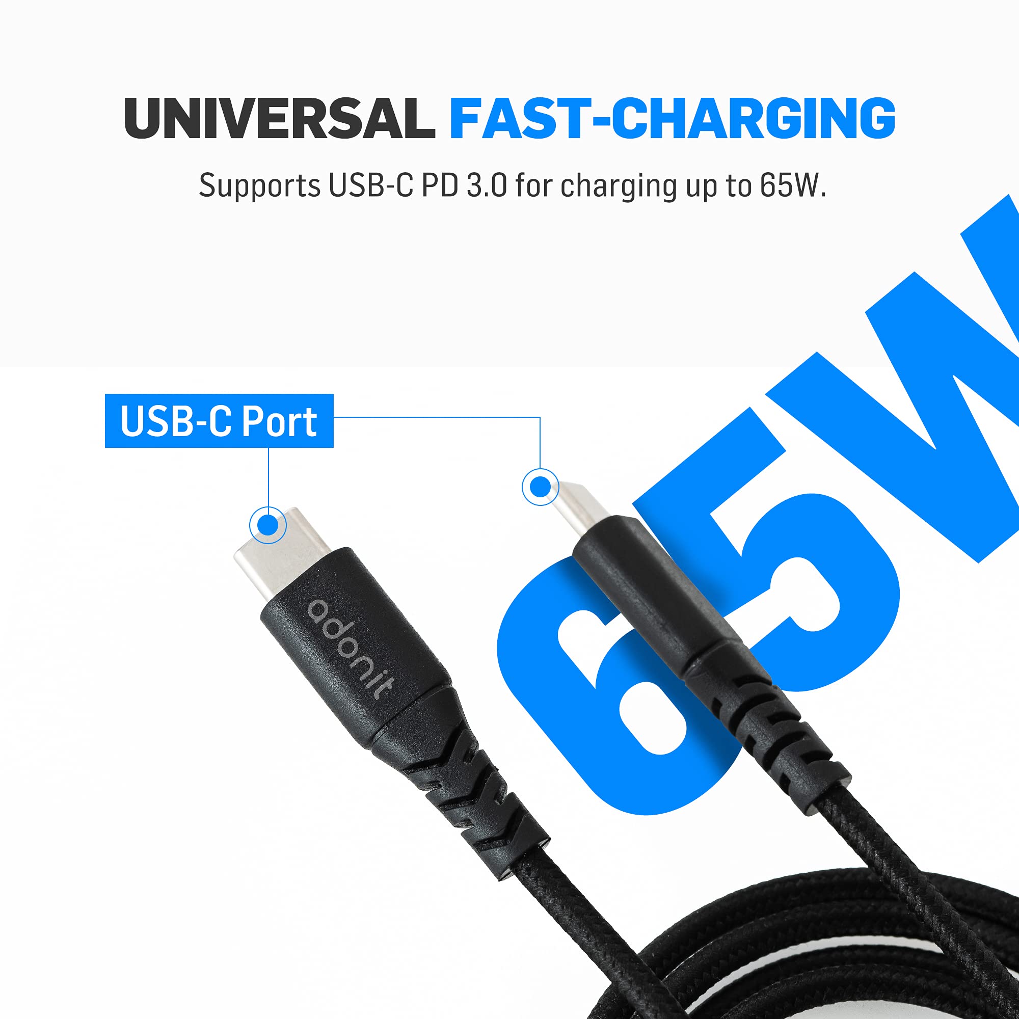 Adonit 1.2m USB-C to USB-C Fast Charging Cable (Black) - Compatible with iPhone 15, iPad Pro, MacBook Air, MacBook Pro, Tablets & Laptops - Perfect for Home, Office & Travel Charging