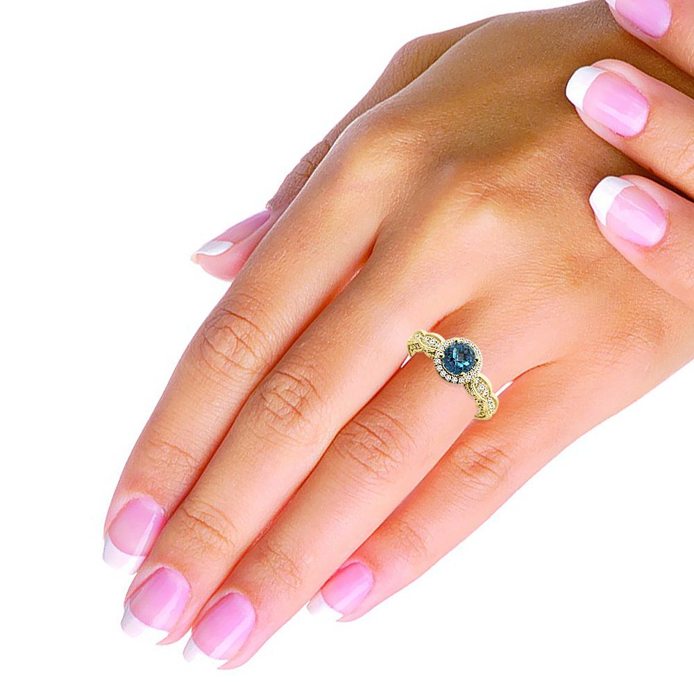 14K White Gold Natural London Blue Topaz & Diamond Halo Ring - Round 6mm Gemstone Engagement Ring for Women, Size 5-10 - Perfect for Weddings, Anniversaries & Special Occasions