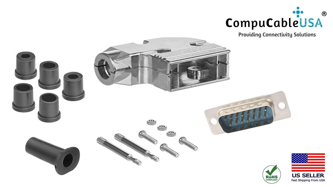 DB15 Male Solder Type Shielded Metal Elbow Hood - High Quality D-Sub Connector for Industrial Equipment, Computer Servers & Audio/Video Systems