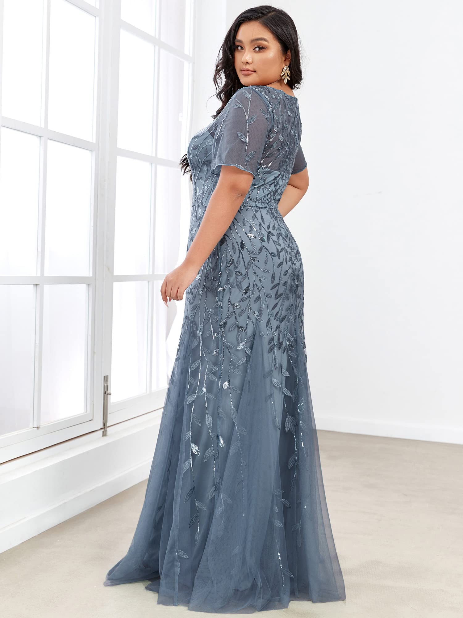 Ever-Pretty Women's Plus Size Embroidery Sequin Short Sleeve Bodycon Maxi Dress 07707-PZUSA | Elegant Formal Evening Gown for Weddings, Prom, Cocktail Parties & Special Occasions