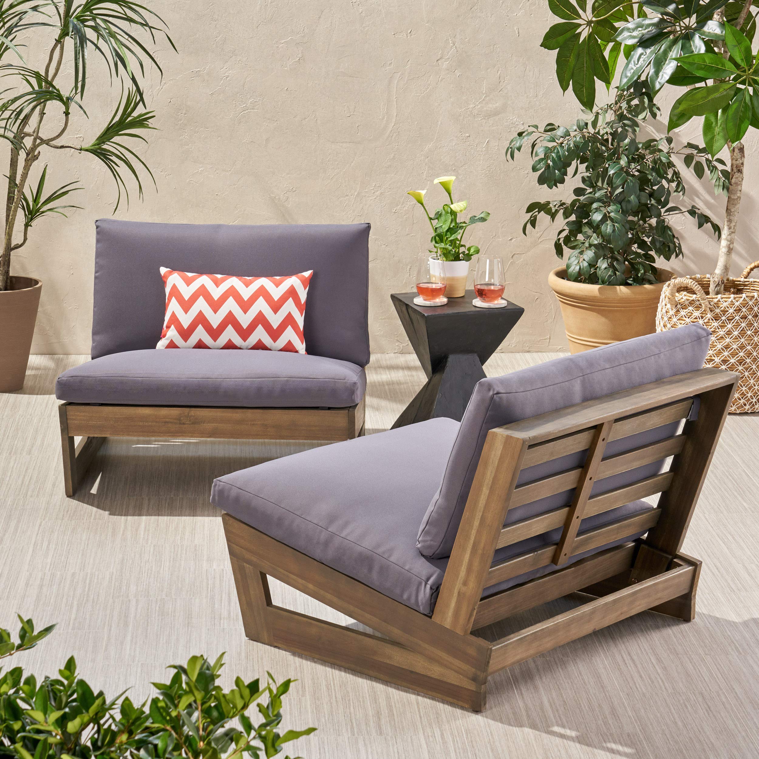 Premium Acacia Wood Outdoor Club Chairs with Cushions (Set of 2) - Gray & Dark Gray - Patio, Garden, Poolside Lounge Furniture for Backyard & Deck