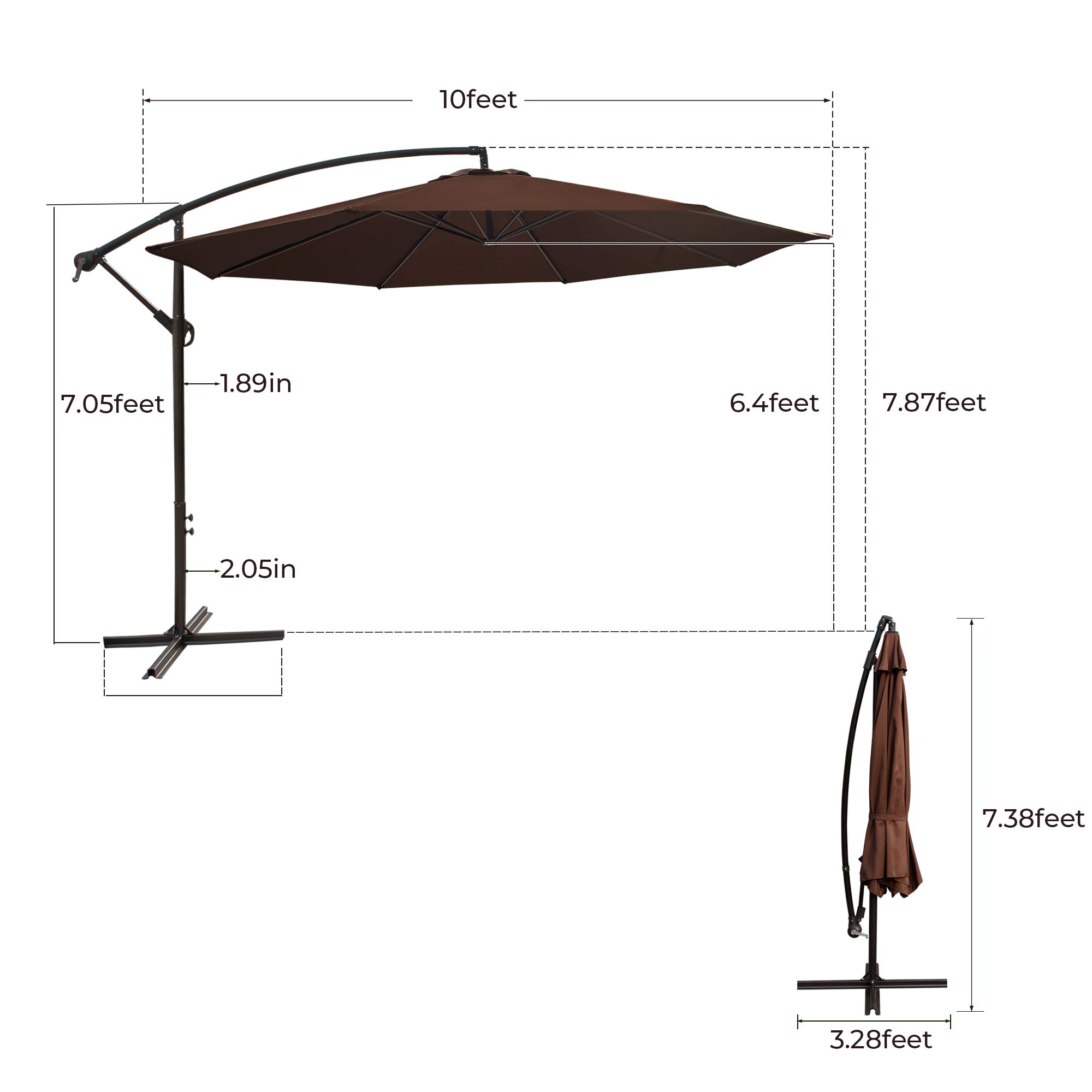 10FT Offset Cantilever Patio Umbrella with Crank & Cross Base - Outdoor Hanging Market Umbrella for Backyard, Poolside, Lawn, Garden - Sun Shade for Dining, Lounging, and Outdoor Relaxation (Brown)