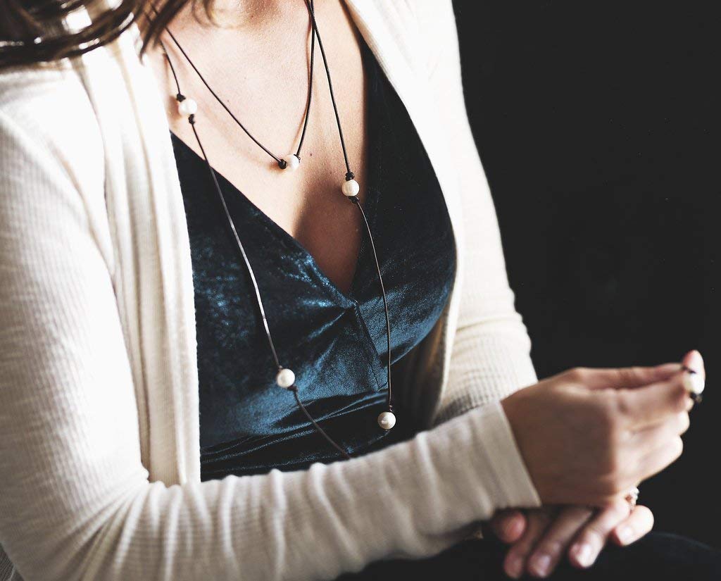 Elegant Brown Leather & White Pearl Lariat Long Necklace for Women | Boho Chic Layered Statement Jewelry | Perfect for Weddings, Date Nights & Office Wear