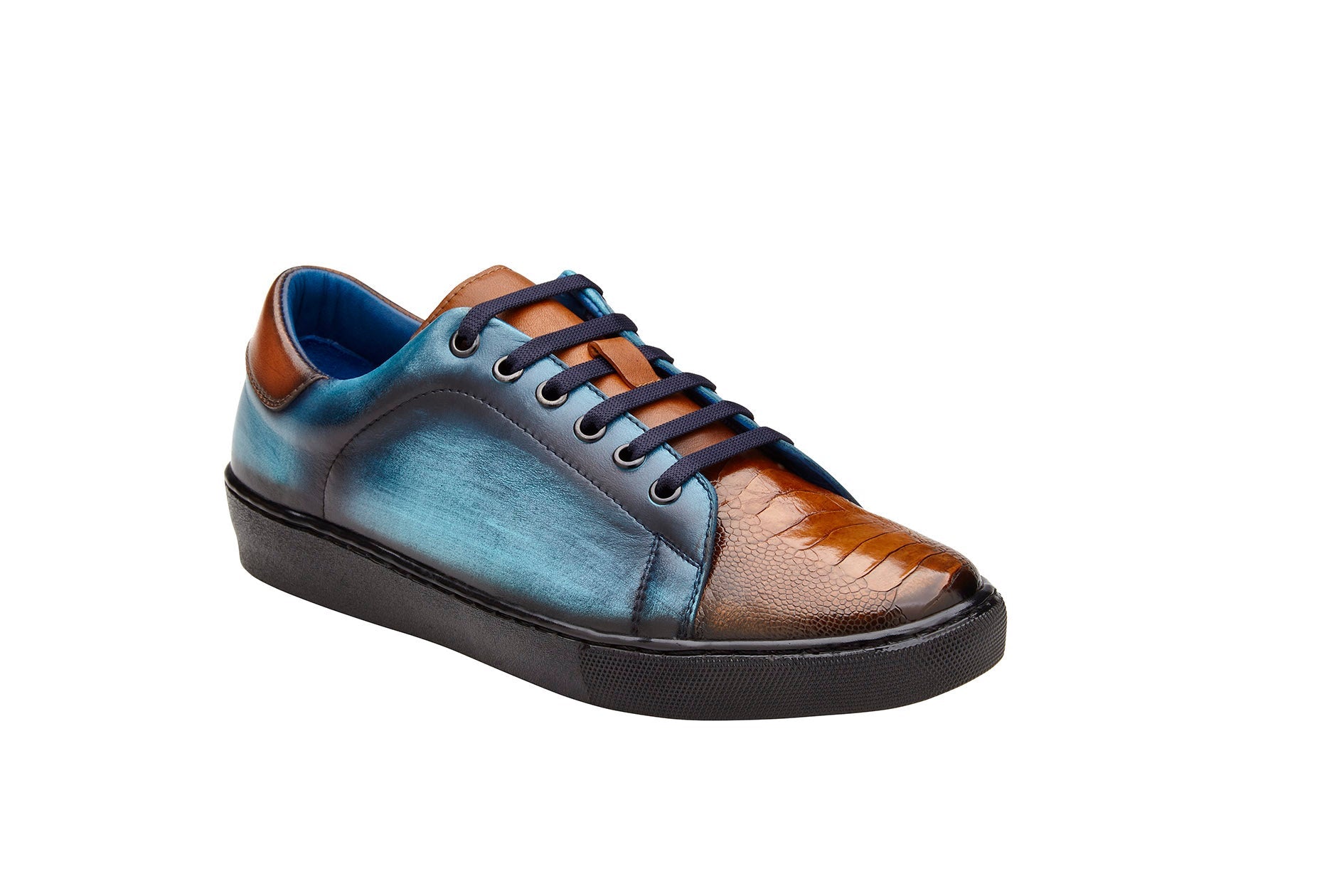 Belvedere Genuine Ostrich Leather & Italian Calfskin Sneakers - Antique Brandy/Antique Ocean Blue Y31 - Comfortable Luxury Shoes for Casual Wear & Street Style