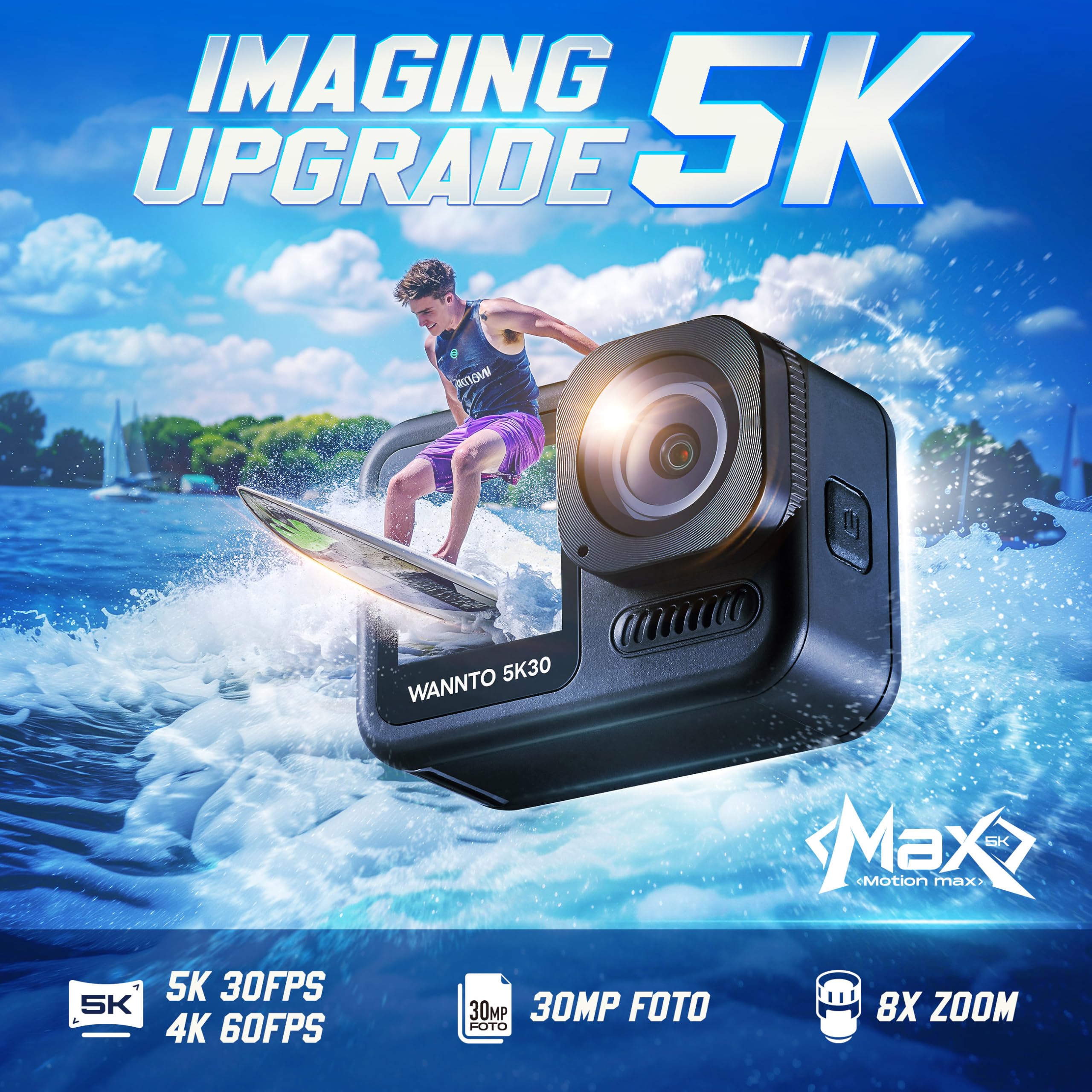 WANNTO 5K 30MP Sports Action Camera - IPX8 Waterproof up to 20m, WiFi Underwater Camera with EIS, Dual Screen & Wireless 2-in-1 Microphone Remote - Includes 2 Batteries (Motion Max) - Perfect for Scuba Diving, Surfing, Skiing & Outdoor Adventures