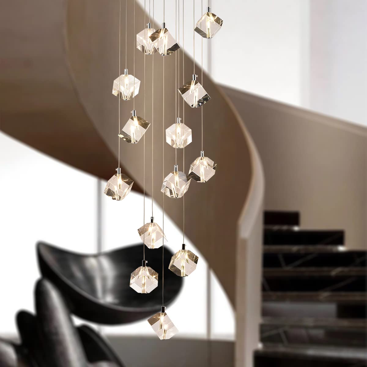 Modern Chrome Raindrop Pendant Light Fixture - 14-Light Round Crystal Chandelier for High Ceilings - Elegant Dining Room, Living Room, Staircase & Hotel Lighting Decor
