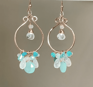 Elegant Aqua Chalcedony Rose Gold Hoop Chandelier Earrings with Opal, Moonstone & Apatite Gemstones | Boho Chic Jewelry for Women | Perfect for Weddings, Parties & Special Occasions