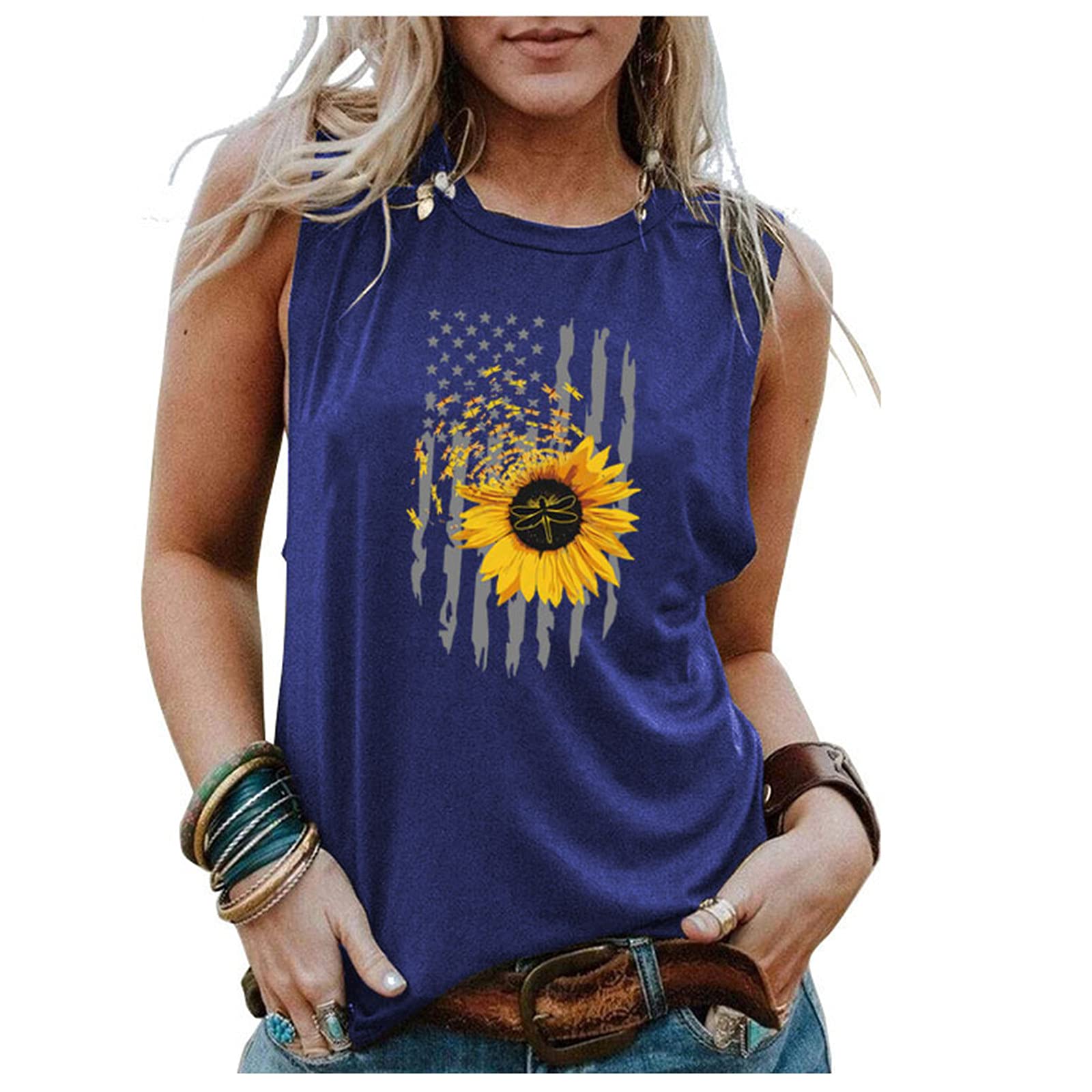 Women's Sleeveless Sunflower Print Vest - Patriotic Independence Day Round Neck Flag Top for Women (Large Size) | Perfect for Summer Festivals, Beach Outings & 4th of July Celebrations