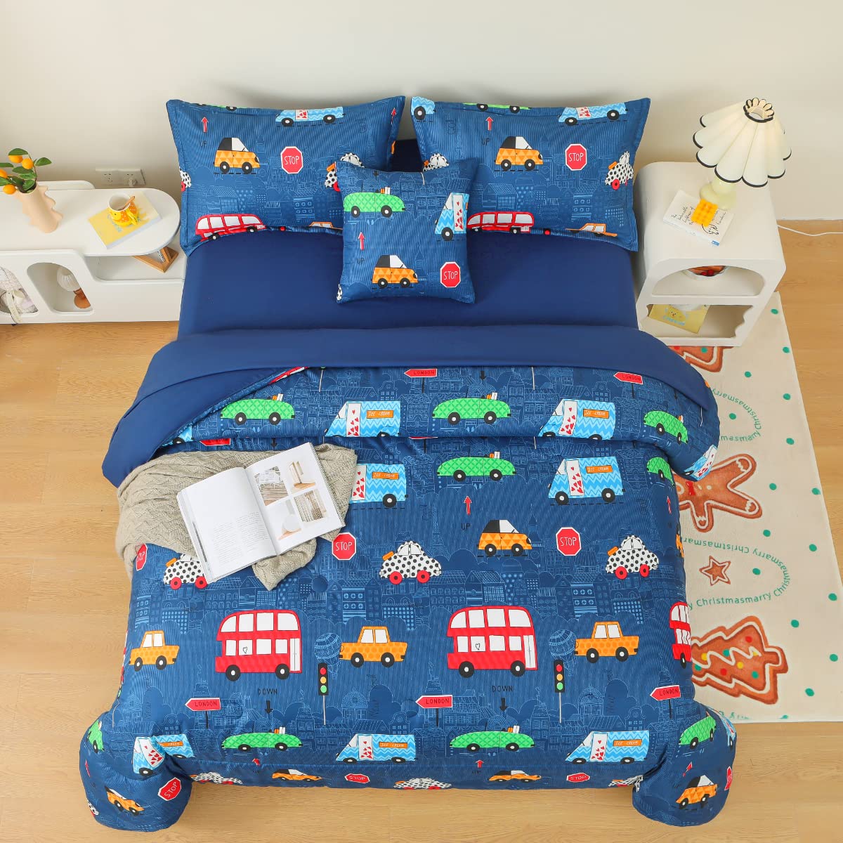 Tasselily Full Size Cartoon Cars Comforter Set - Bed in a Bag with Colorful Vehicles, Bus, Van & Traffic Lights Design | Soft Kids Bedding for Boys' Room | Perfect for Nursery, Toddler Bedroom & Sleepovers