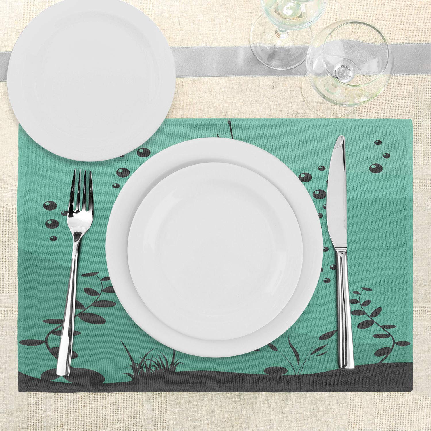 Ambesonne Fishing Placemats Set of 4 - Underwater Ocean Theme with Big Fish Eating Small Fish Design - Washable Fabric Place Mats for Dining Room & Kitchen Table Decor in Teal Grey - Perfect for Seafood Restaurants, Beach House Decor, and Nautical Themed Parties