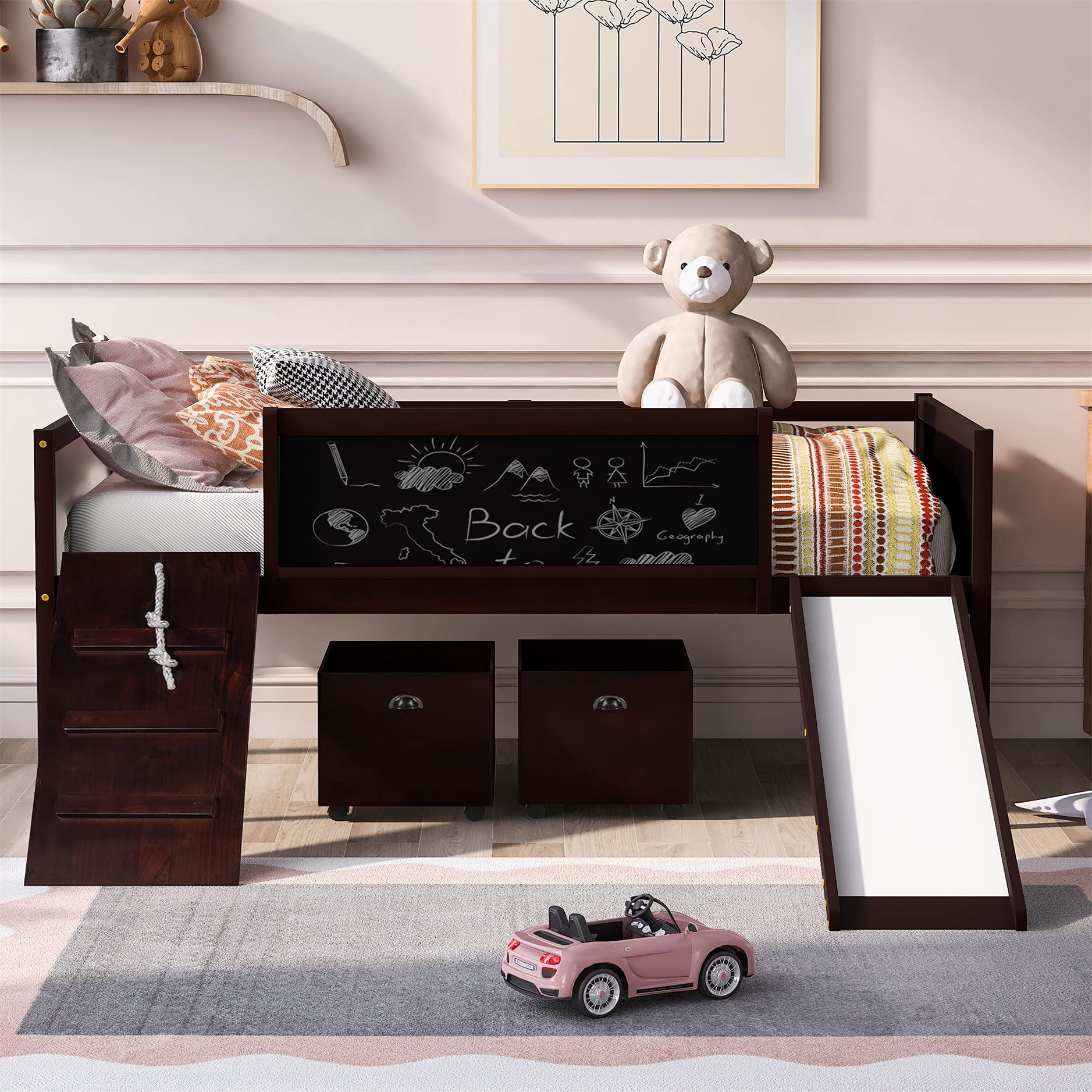 Harper & Bright Designs Wooden Kids Loft Bed with Slide & Chalkboard - Twin Size Low Loft Bed Frame with 2 Storage Boxes for Boys & Girls (Espresso) - Perfect for Small Bedrooms, Playrooms & Space-Saving Kids Furniture