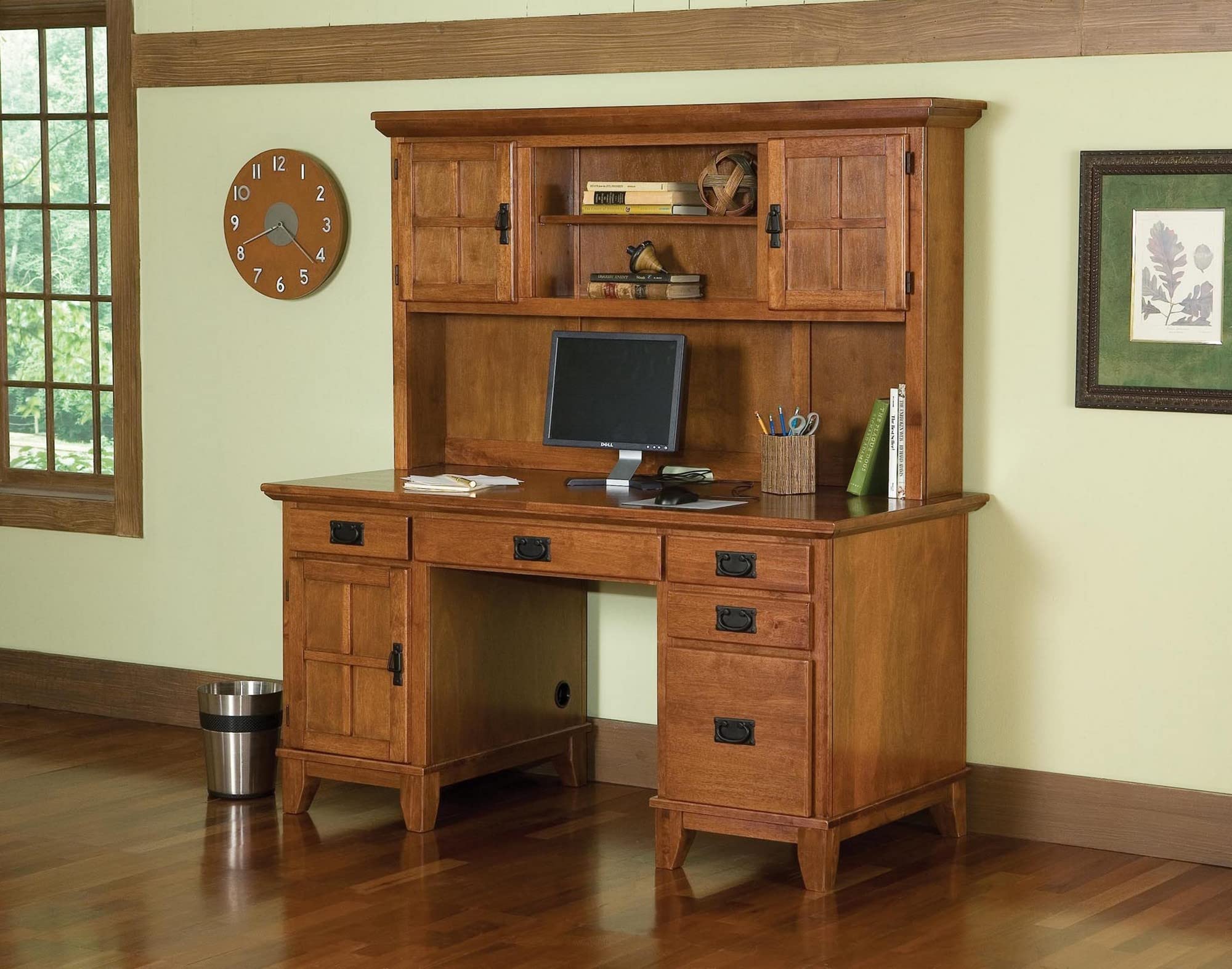 Home Styles Arts and Crafts Cottage Oak Double Pedestal Desk with Hutch - Vintage Home Office Furniture for Writing, Studying & Crafting