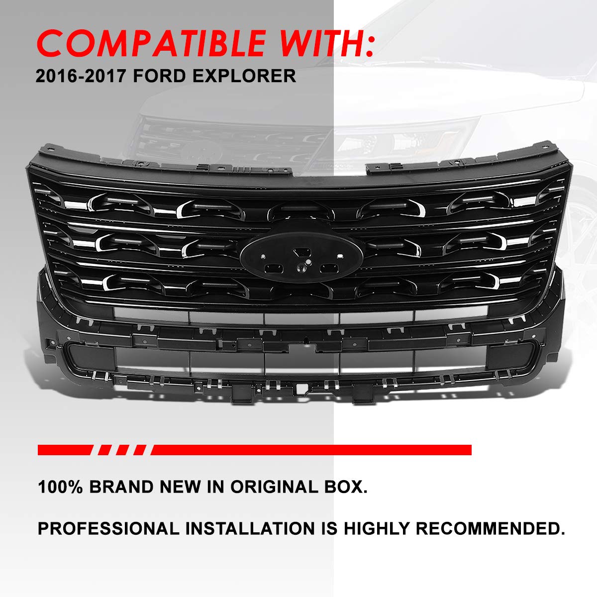 Auto Dynasty Glossy Black Front Hood Bumper Grille for 2016-2017 Ford Explorer - Factory Style Replacement with Durable ABS Plastic - Perfect for Off-Roading & Custom Car Upgrades