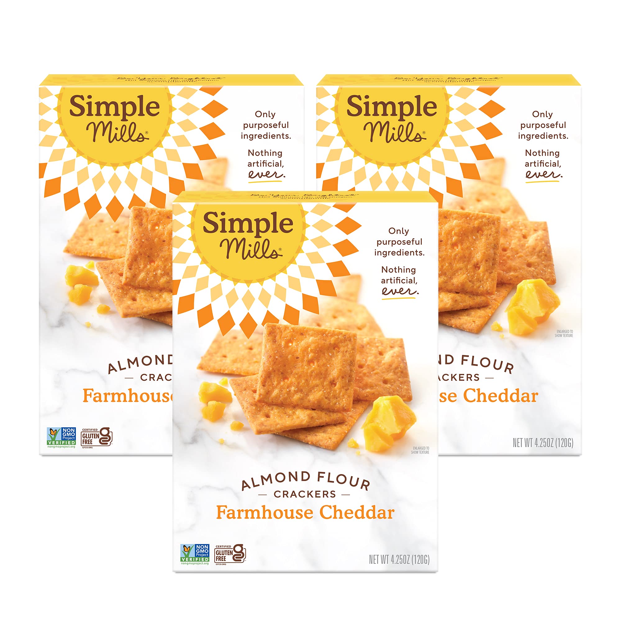 Simple Mills Almond Flour Crackers - Farmhouse Cheddar Flavor, Gluten Free Healthy Snacks, 4.25oz (Pack of 3) | Keto Friendly, Paleo Diet Approved | Perfect for Lunchboxes, Office Snacking & Party Platters