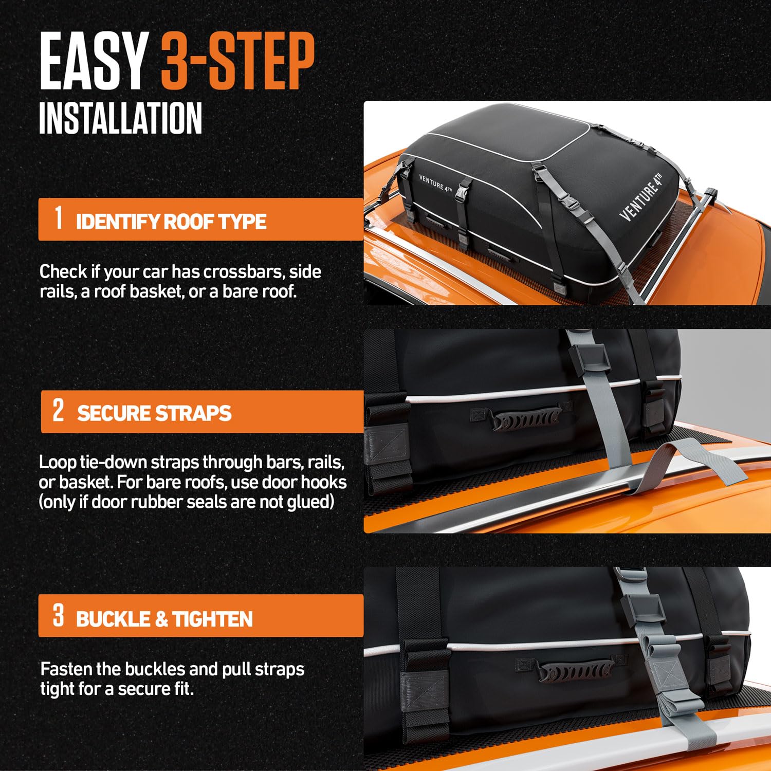 VENTURE 4TH 21 Cubic Feet Waterproof Rooftop Cargo Carrier Bag - Heavy Duty Car Roof Storage with Tie-Down & Compression Straps - Fits SUVs, Sedans, Trucks (With/Without Roof Racks) - Perfect for Road Trips, Camping & Travel Gear Storage