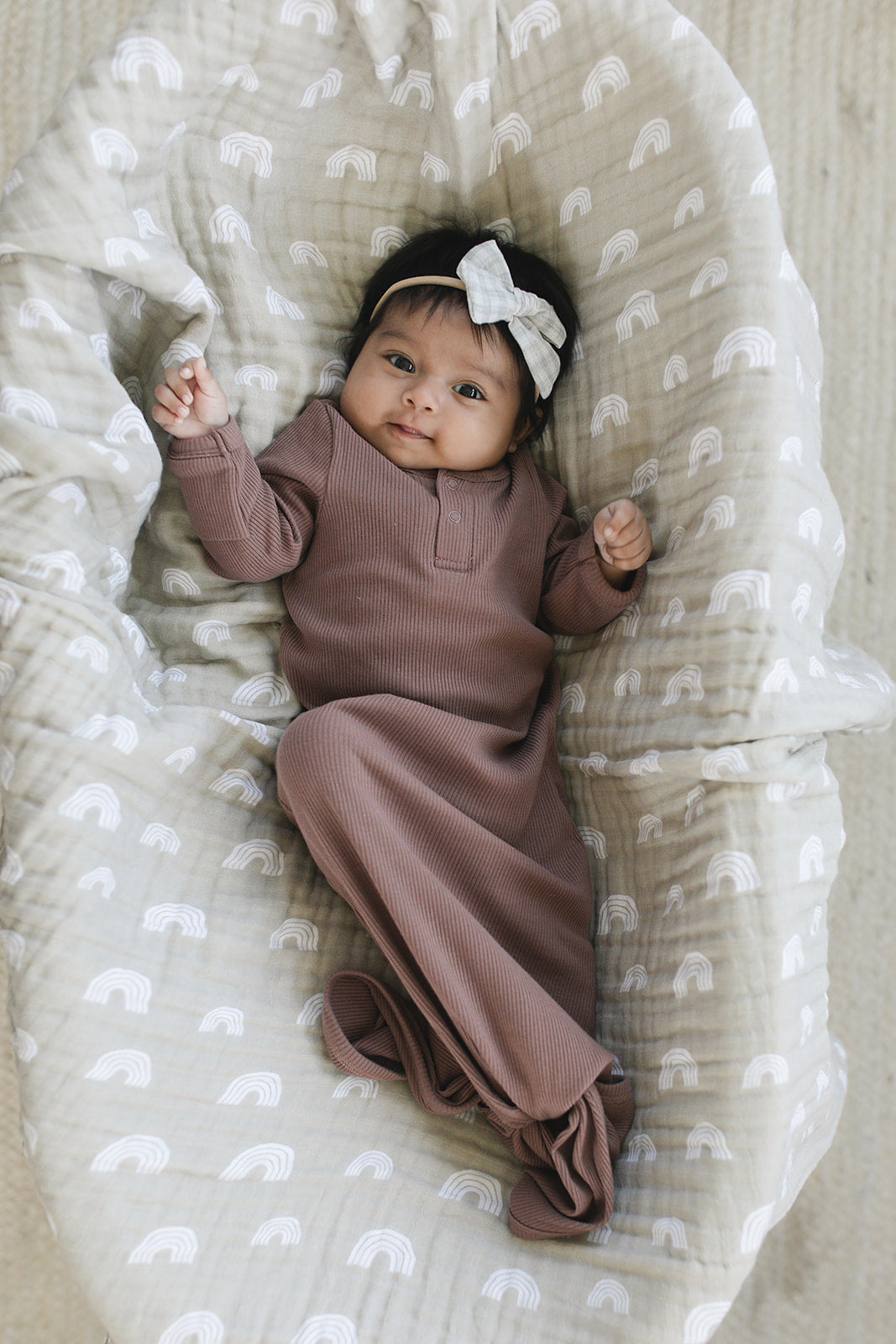 Plum Organic Cotton Ribbed Knot Gown for Baby Girls - Soft & Comfortable Newborn Sleepwear - Perfect for Nursery, Bedtime & Photo Shoots