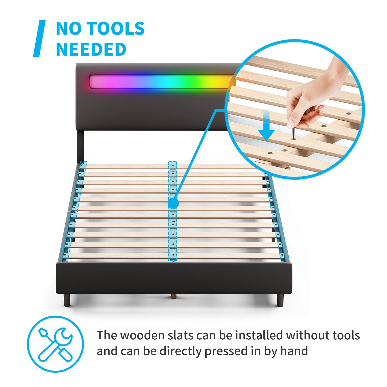 MJkone Queen Size Platform Bed Frame with Smart RGB LED Light Strip - Adjustable Headboard, Alexa & App Compatible, No Box Spring Needed (Black) | Modern Bedroom Furniture for Smart Home & Gaming Setup