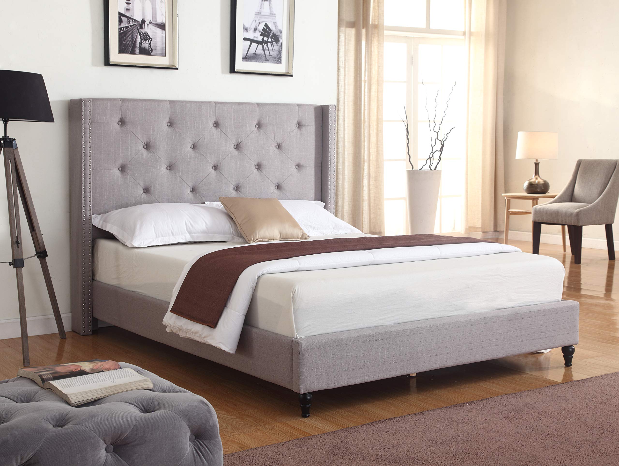 Best Master Furniture Vero Tufted Wingback Platform Bed King Size in Grey - Luxurious Bedroom Centerpiece for Modern Homes