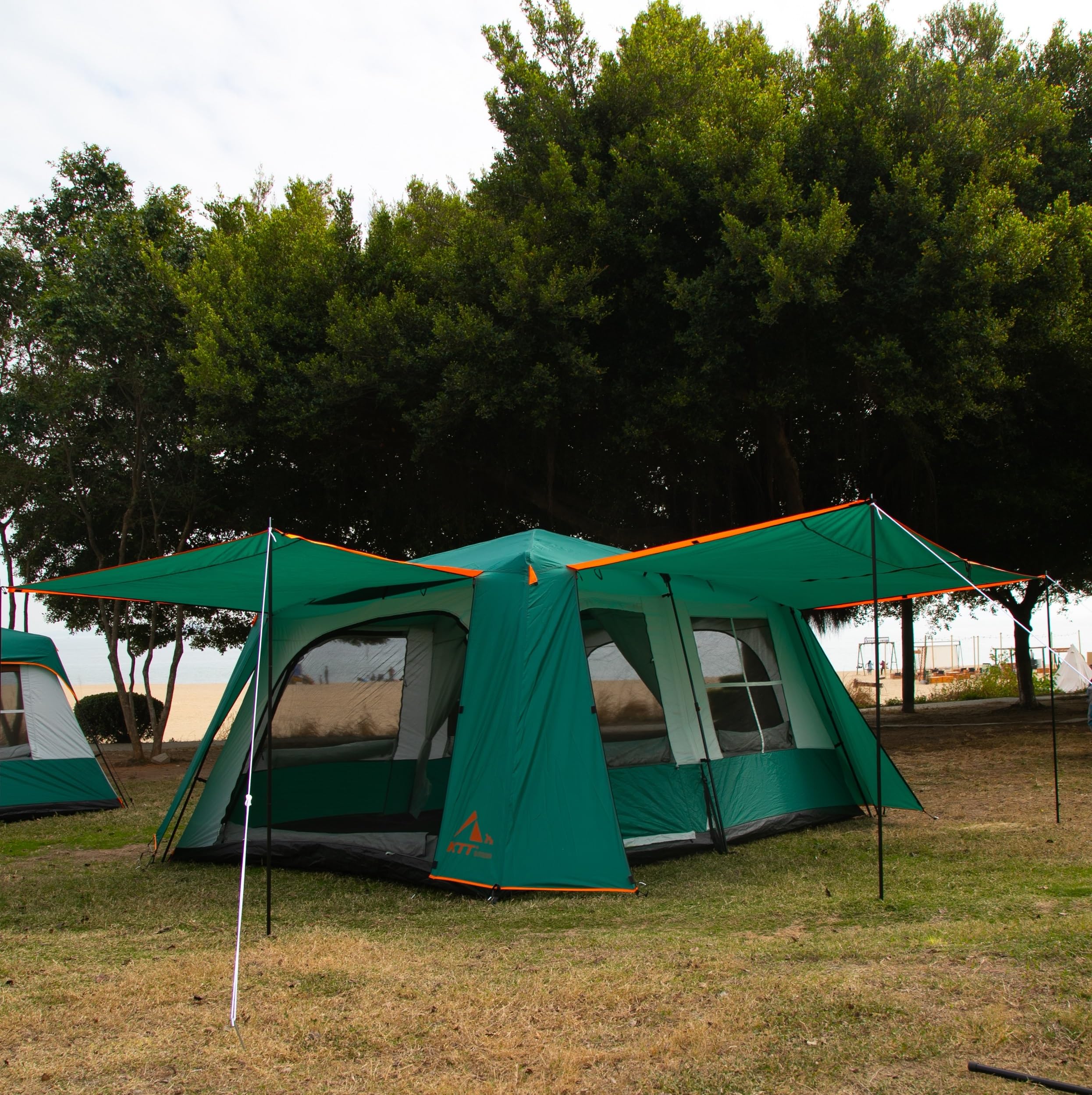 KTT Extra Large Family Cabin Tent for 10-14 People - 2 Rooms, 3 Doors & 3 Windows with Mesh, Straight Wall Design, Waterproof Double Layer - Perfect for Outdoor Camping, Picnics, Family Gatherings & Backyard Adventures