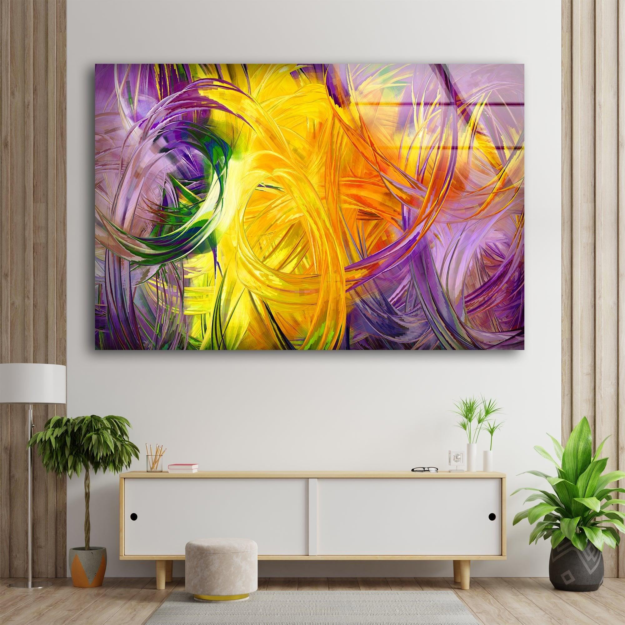 Abstract Art Yellow Fractal Glass Wall Decor - Modern Geometric Artwork for Living Room, Bedroom & Office Decor