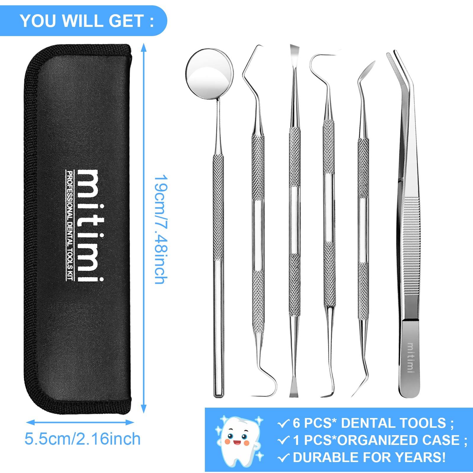 Mitimi 6-Piece Stainless Steel Dental Tools Set - Professional Plaque Scaler & Tartar Remover for Teeth Cleaning - Perfect for Dentists, Hygienists & Home Oral Care