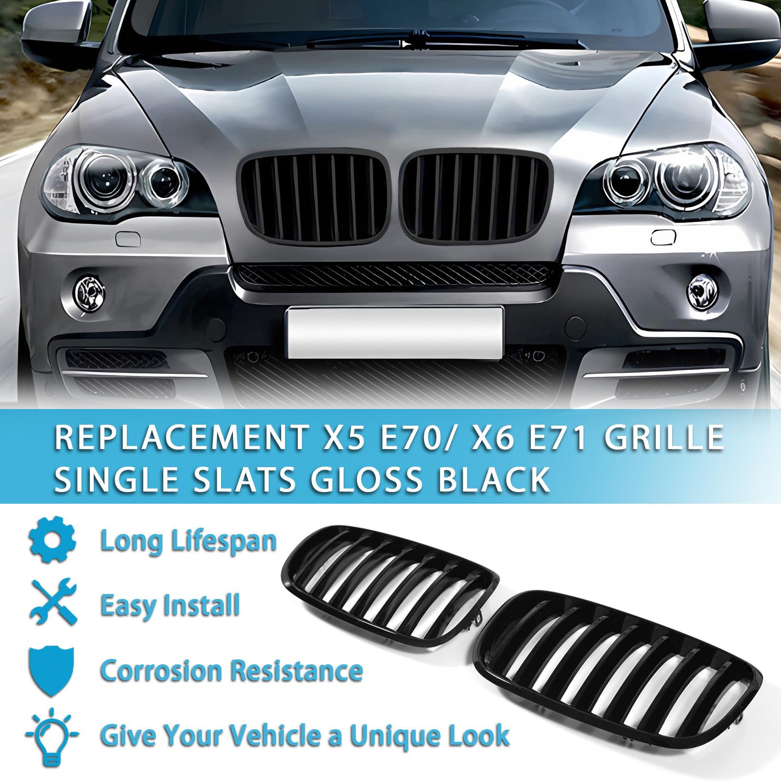 Gloss Black Front Grill Replacement for BMW X5 E70 (2007-2013) & X6 E71 (2008-2014) - Mesh Single Slat Kidney Grille with Side Fender - Perfect Upgrade for Enhanced Style & Protection