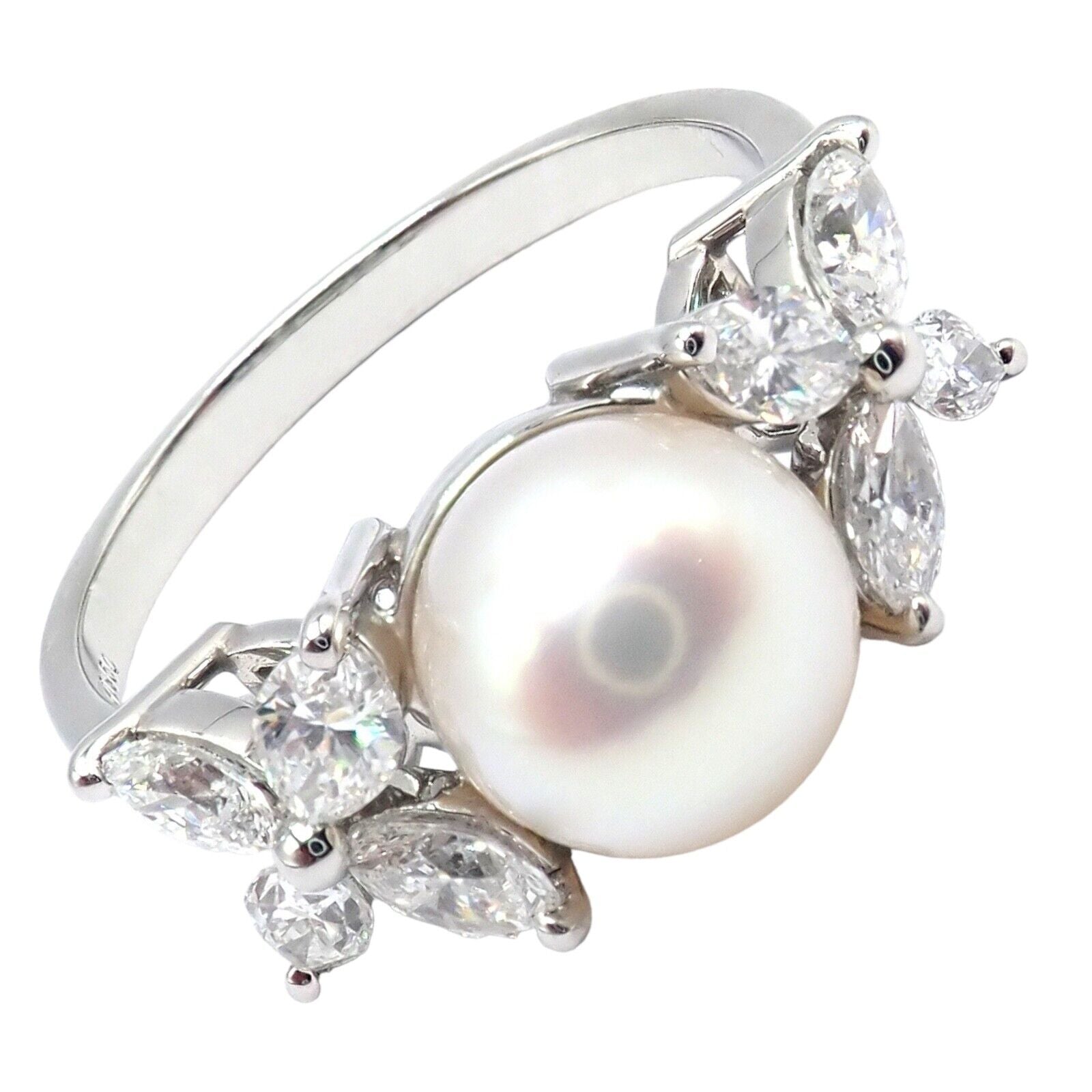 Authentic Tiffany & Co Victoria Platinum Diamond 7.5mm Pearl Band Ring for Women - Elegant Wedding, Engagement & Anniversary Jewelry Gift