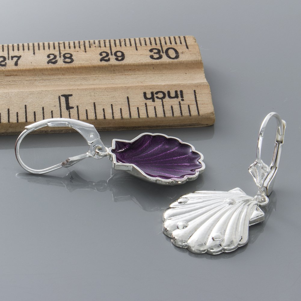 925 Sterling Silver Mini Scallop Shell Dangle Earrings with Purple Enamel - Elegant Leverback Design for Women | Perfect for Beach Vacations, Summer Parties & Boho Fashion