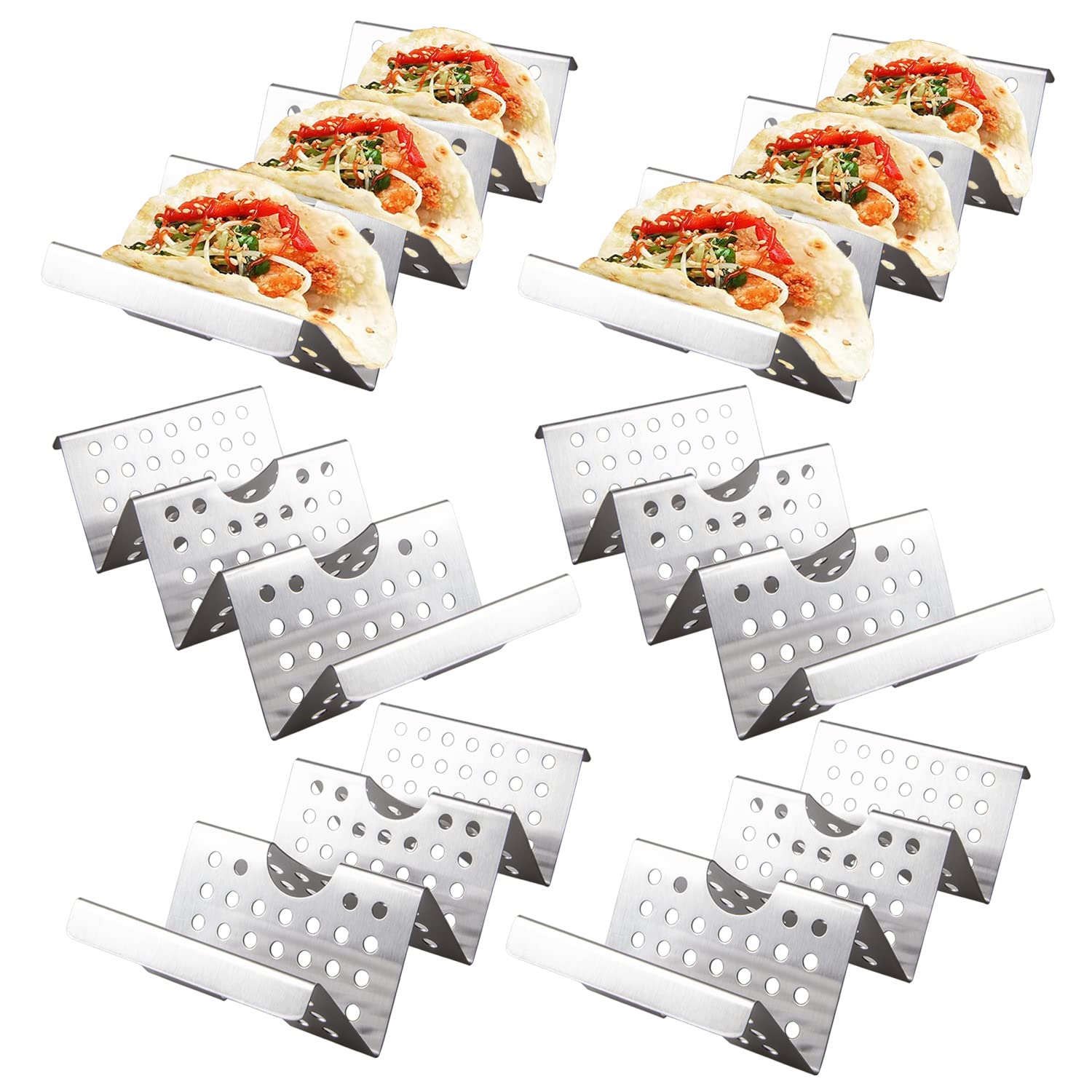 Stainless Steel Taco Holders Set of 6 - Oven, Dishwasher & Grill Safe Taco Stand Rack with Tray Style - Perfect for Taco Night, Parties, BBQs & Mexican Cuisine